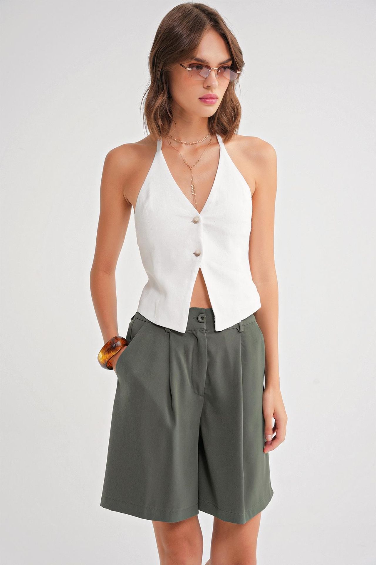 Mixray High Waist Buttoned Pocket Shorts 2