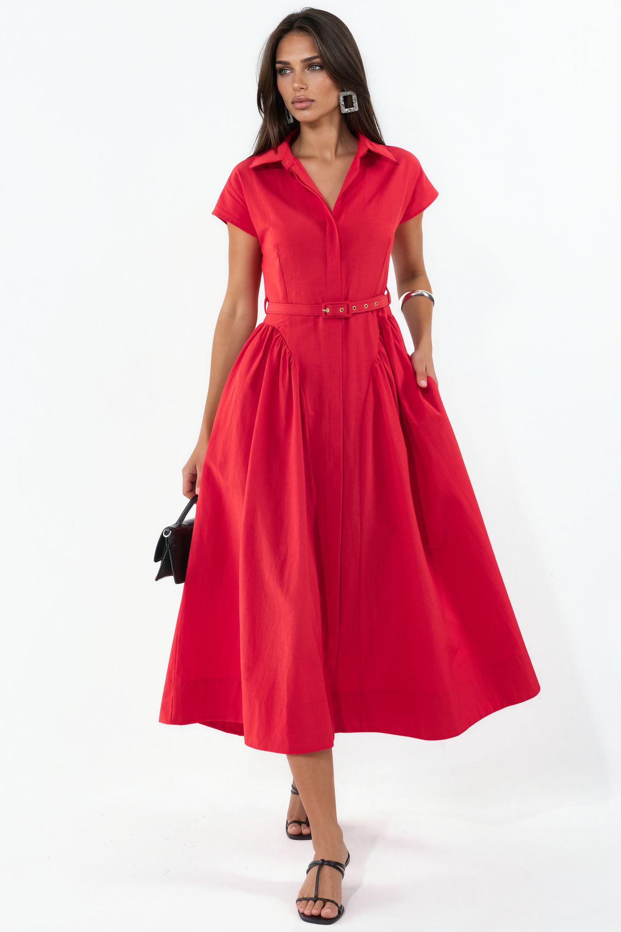 BUSEM Belted Midi Dress with Shirt Collar 4