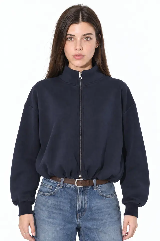 BUSEM Bol Kesim Yarım Fermuarlı Kısa Sweatshirt
