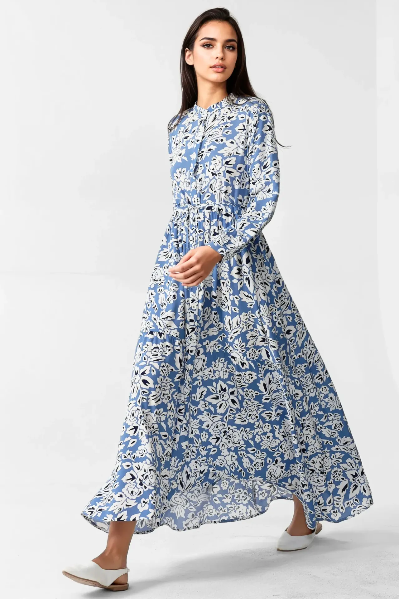 Printed Maxi Dress with Shirt Collar
