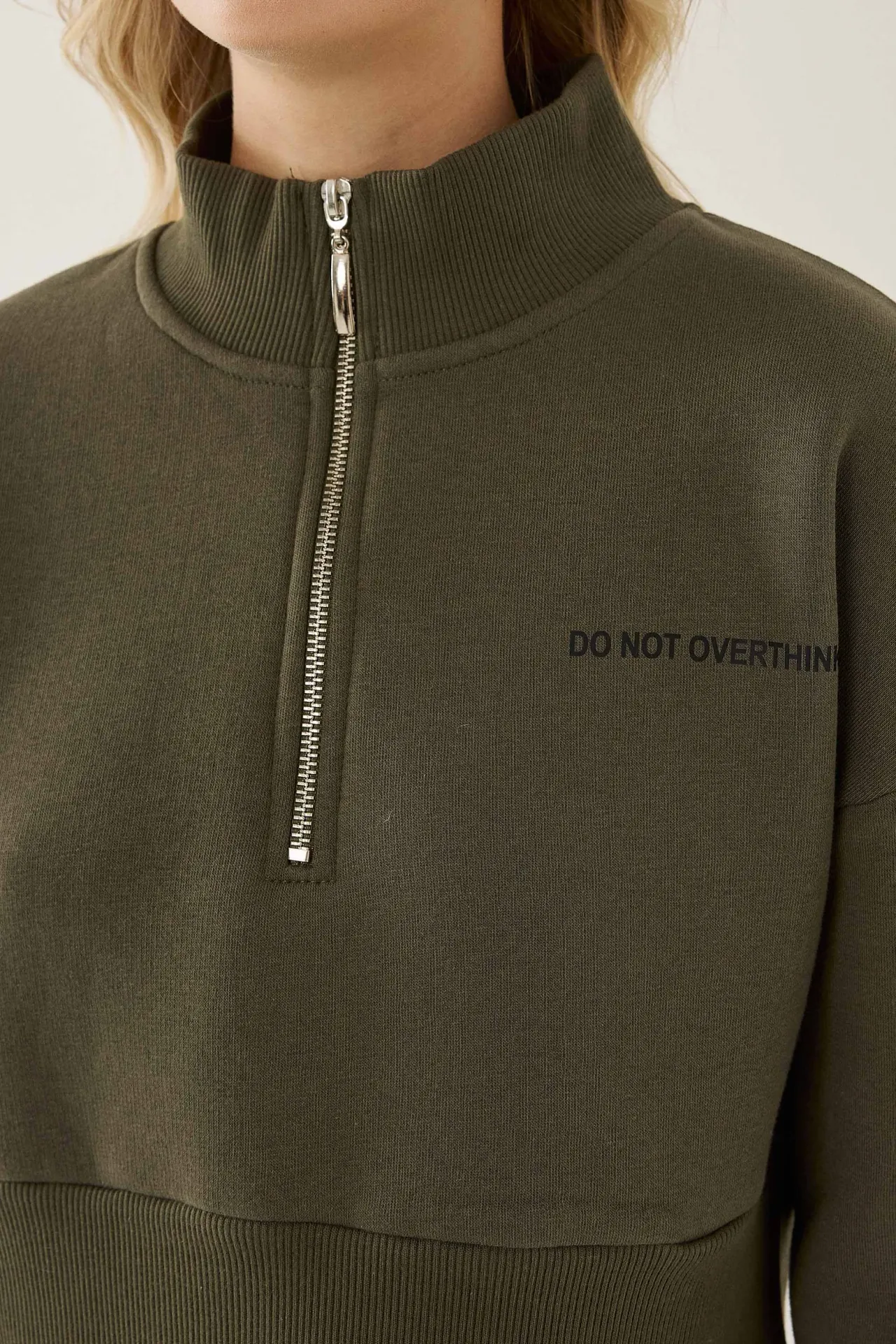 Zipper Collar Crop Slogan Sweatshirt