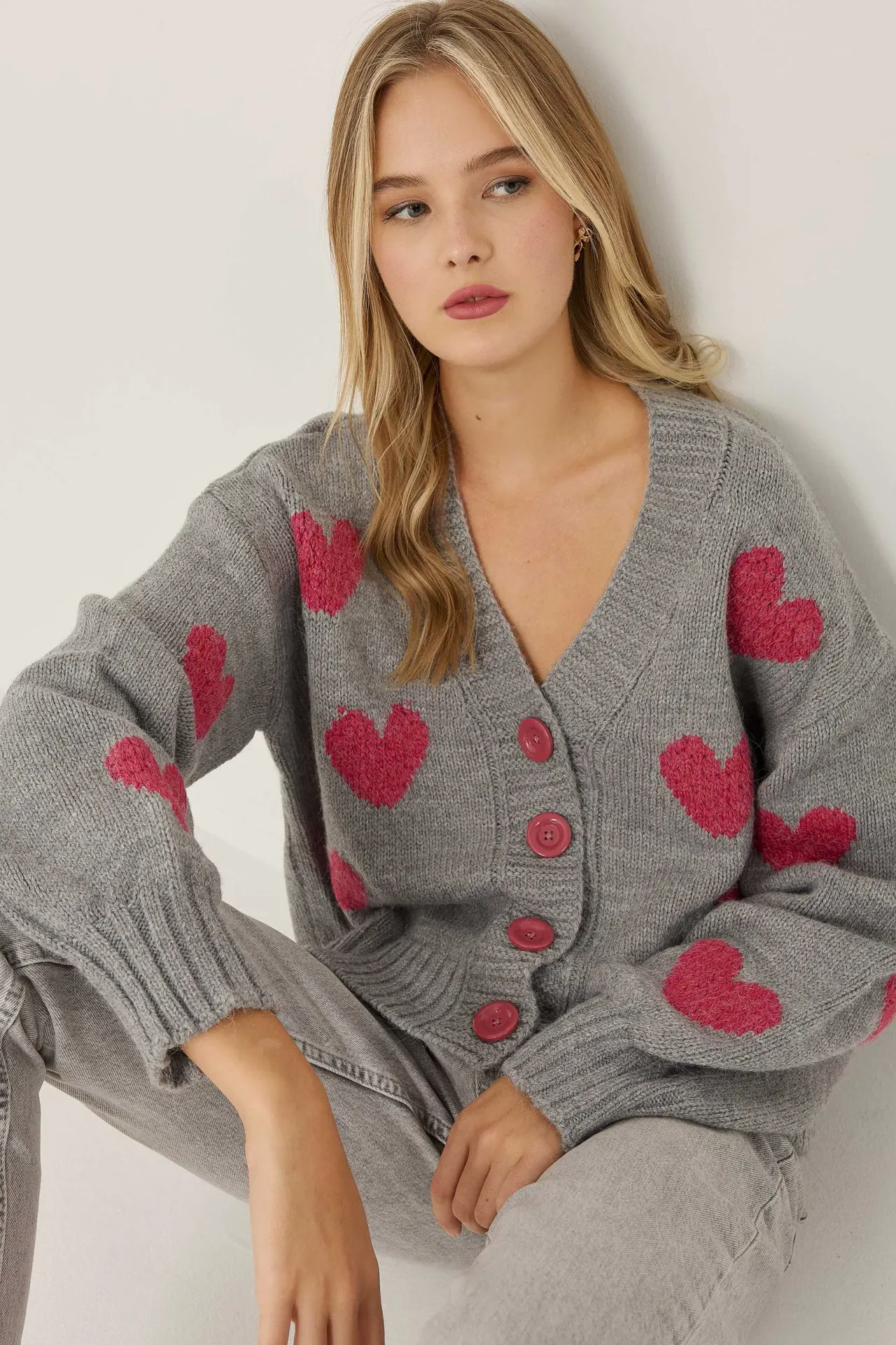 Heart Patterned Relaxed Fit Cardigan