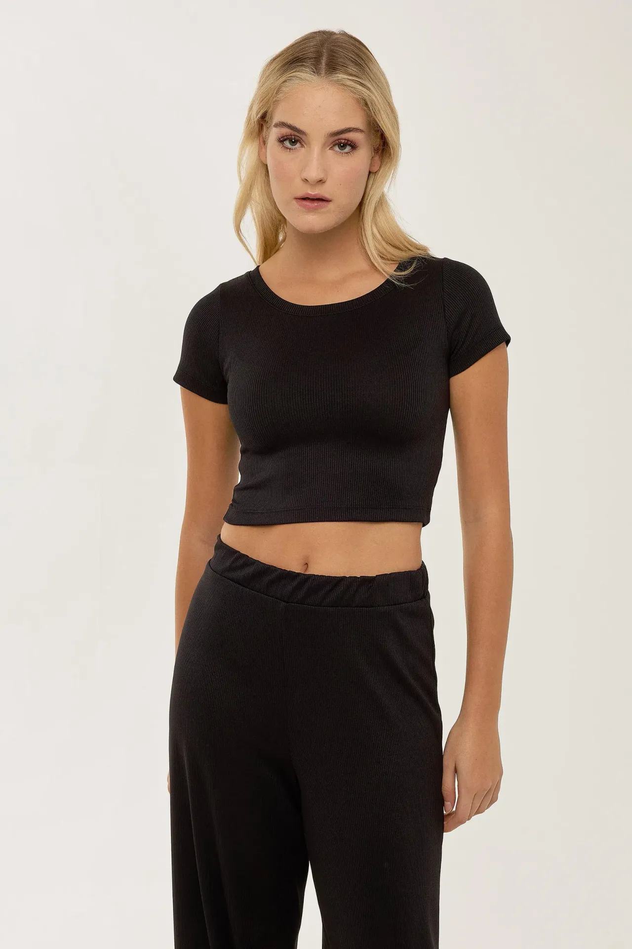 Knit Crop Shirt & Elastic Belt Pants Set