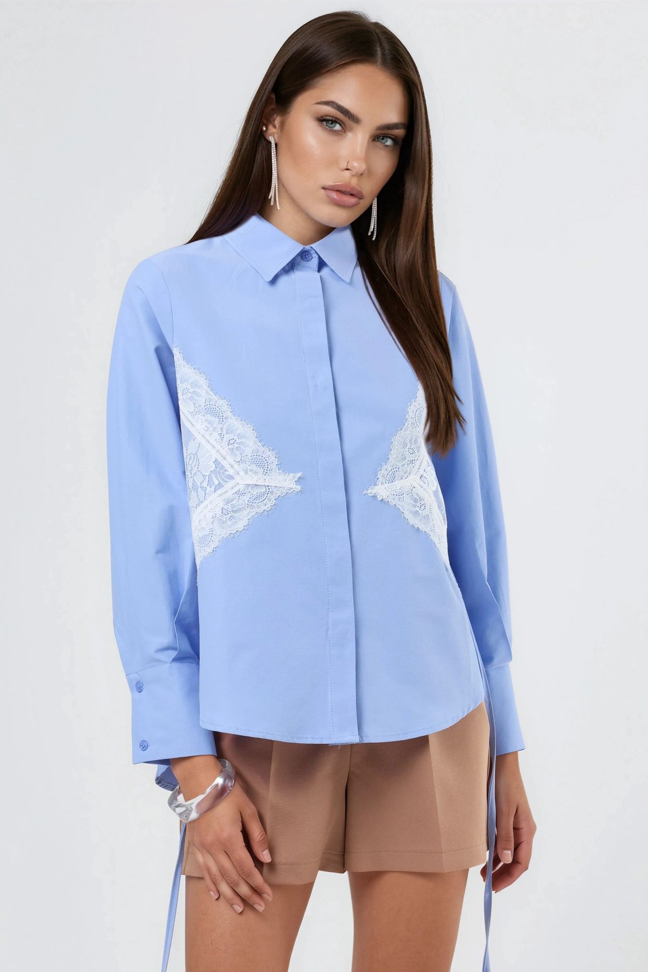 QU STYLE Lace Detailed Fitted Poplin Shirt 8