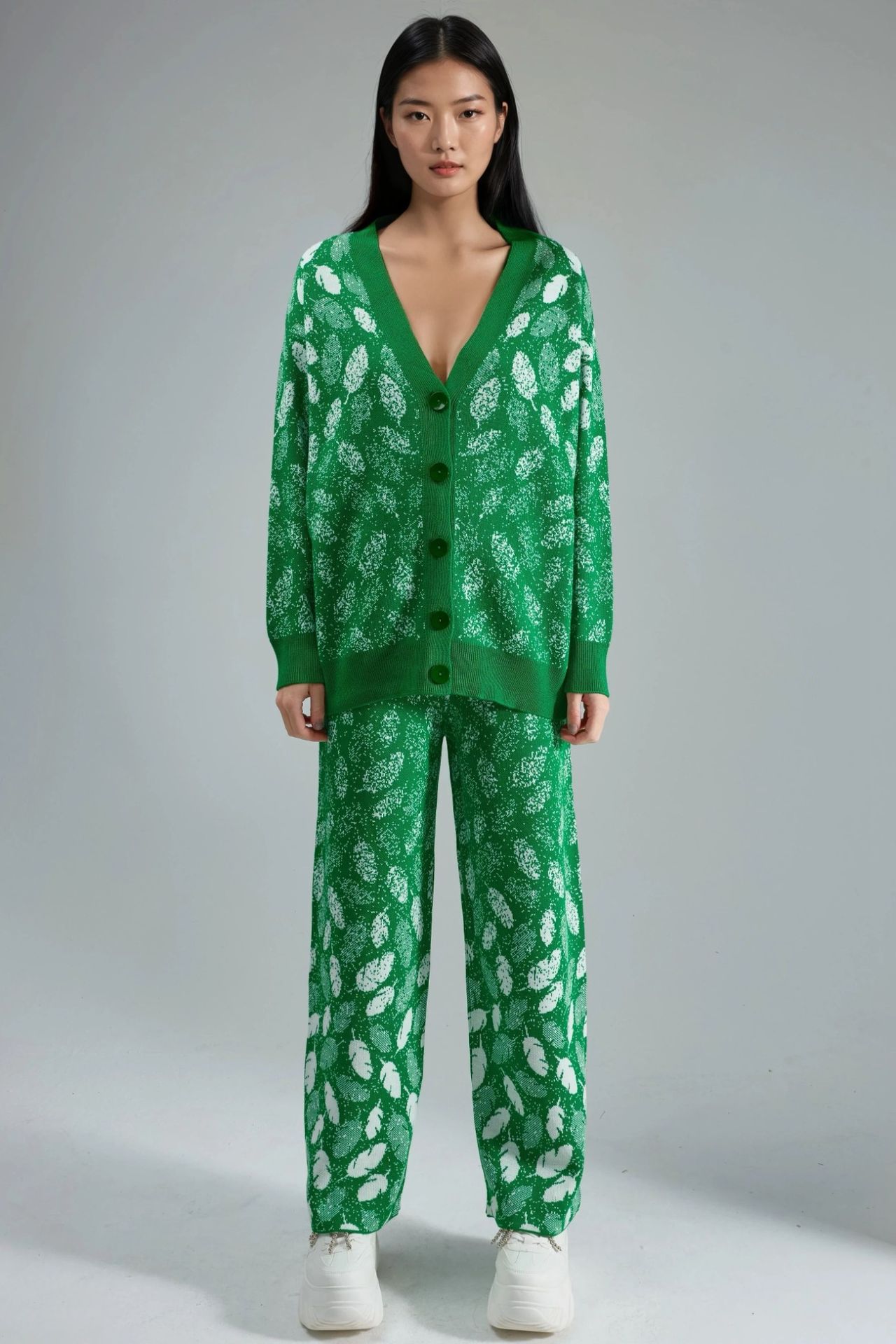 MY FASHION V-Neck Jacquard Knit Cardigan and Wide Leg Pants Set 7