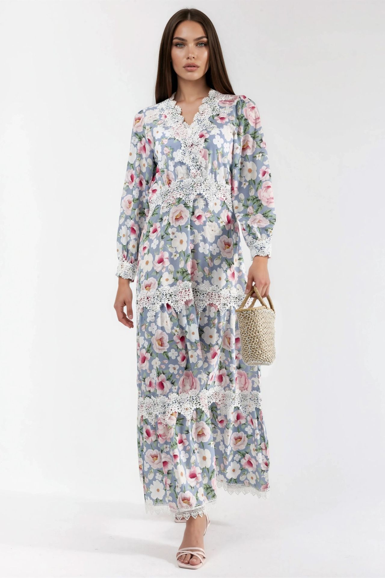 MSN Floral Lace Detail Maxi Dress with V-Neck 1