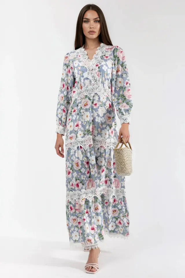MSN Floral Lace Detail Maxi Dress with V-Neck