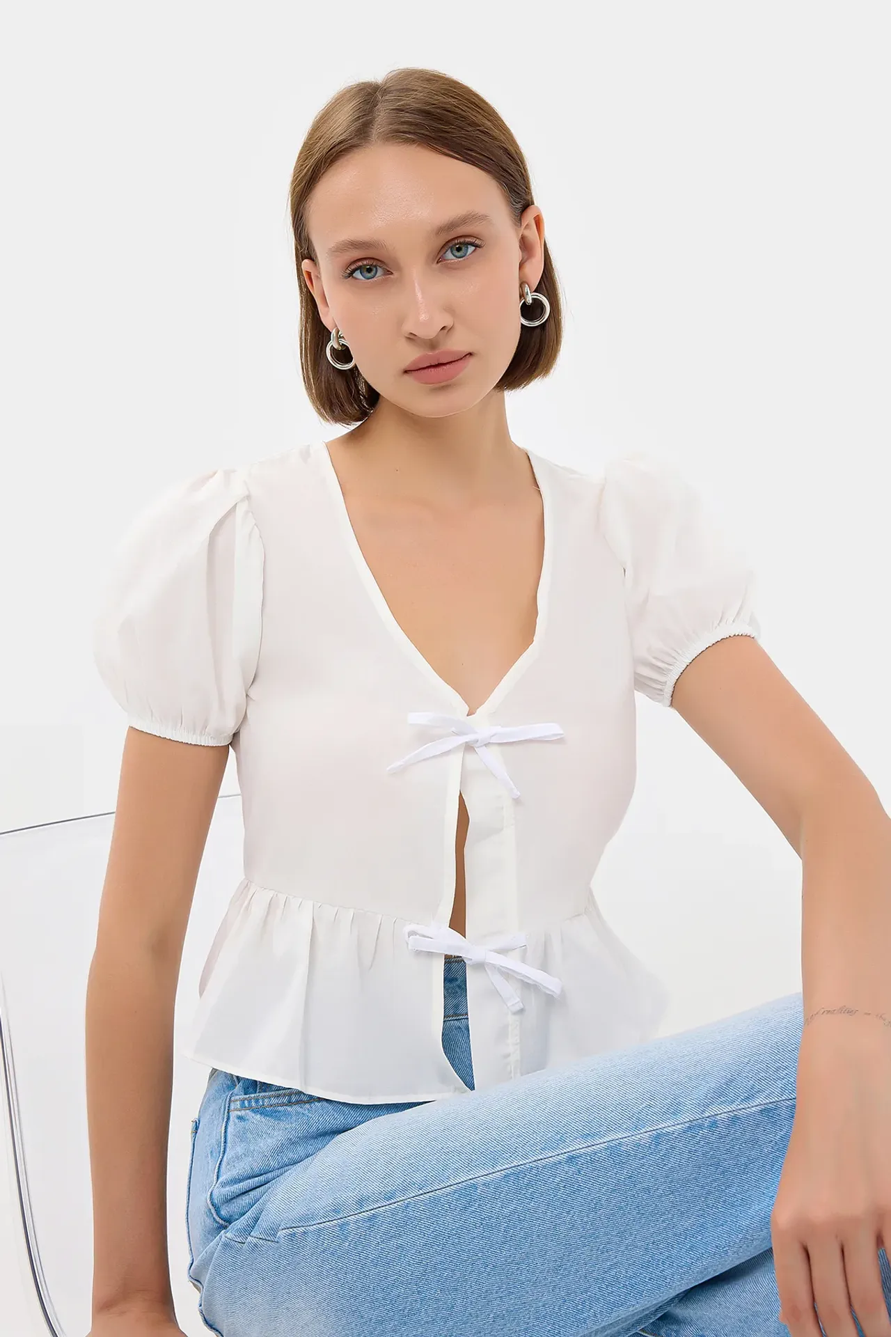 Short Sleeve Tie-Front V-Neck Blouse