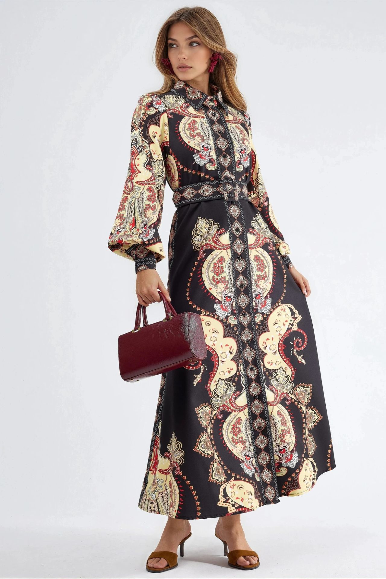 MSN Patterned Maxi Dress with Belt 1