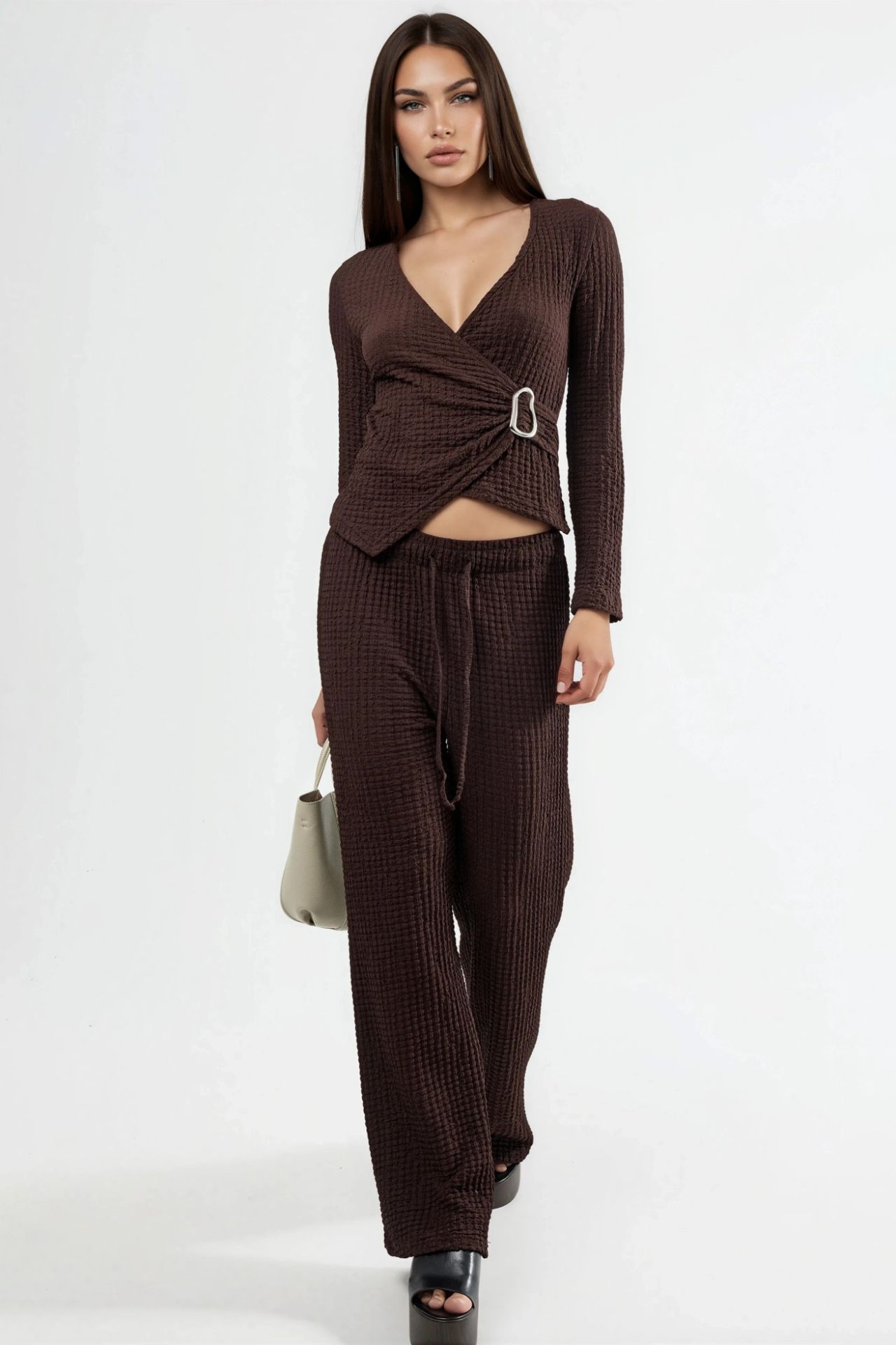 BUSEM Textured V-Neck Wrap Top with Belt 5