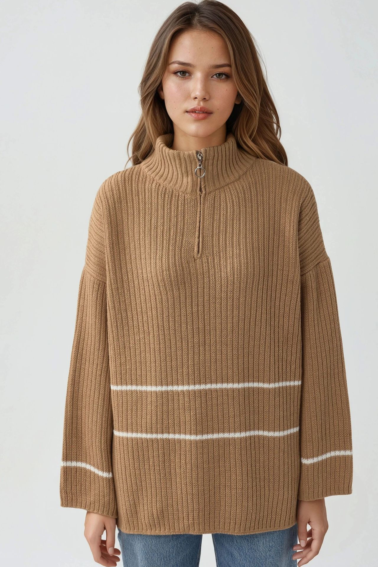 MY FASHION Loose Fit Striped Sweater with Zipper Collar 6