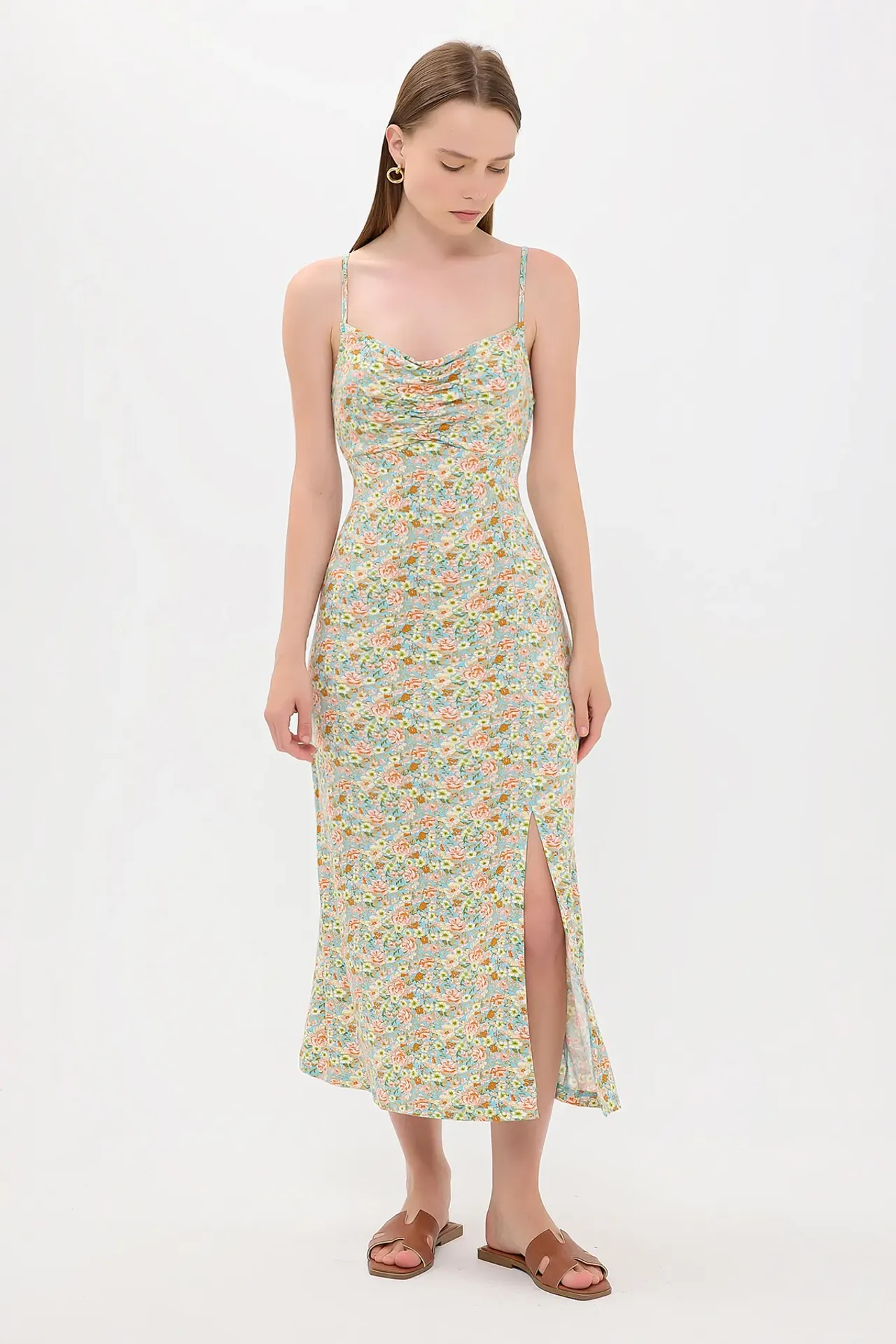 Floral Ruched Spaghetti-Strap Midi Dress