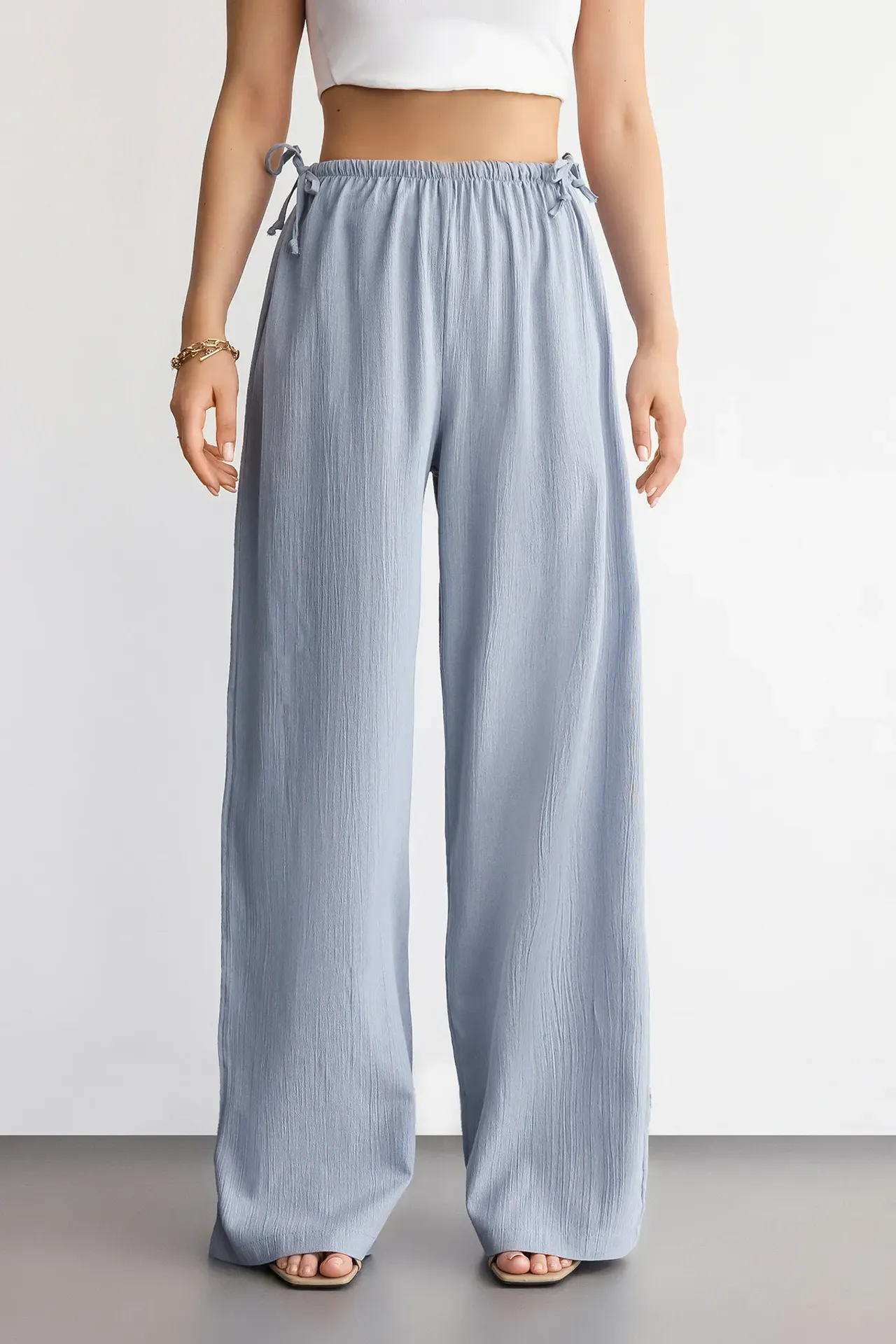 Wide-Leg Drawstring Pants with Bow and Tie-Side