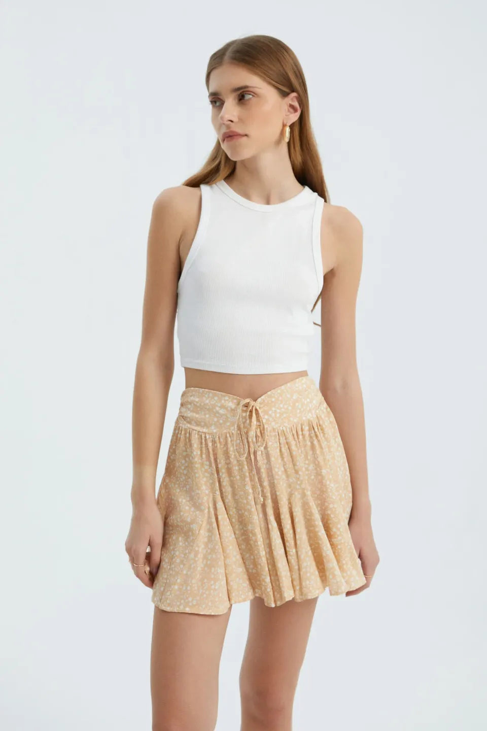 Floral High Waist Drawstring Ruffle Mini Skirt