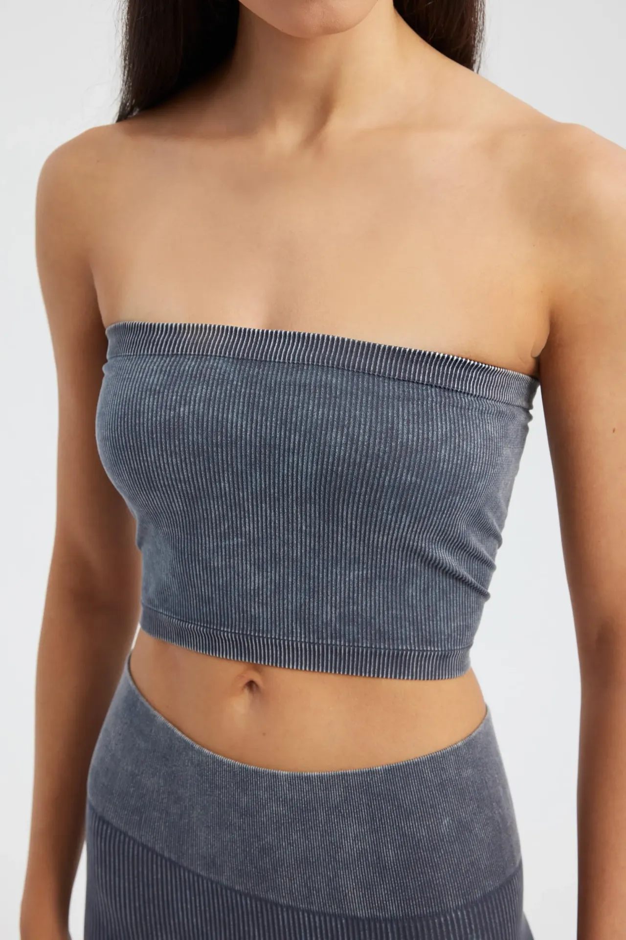 Acid Washed Strapless Ribbed Crop Top