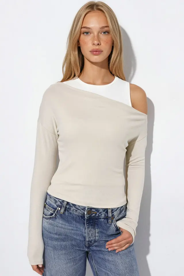 Viscose Blend Layered Long-Sleeve T-Shirt with Asymmetric Neckline