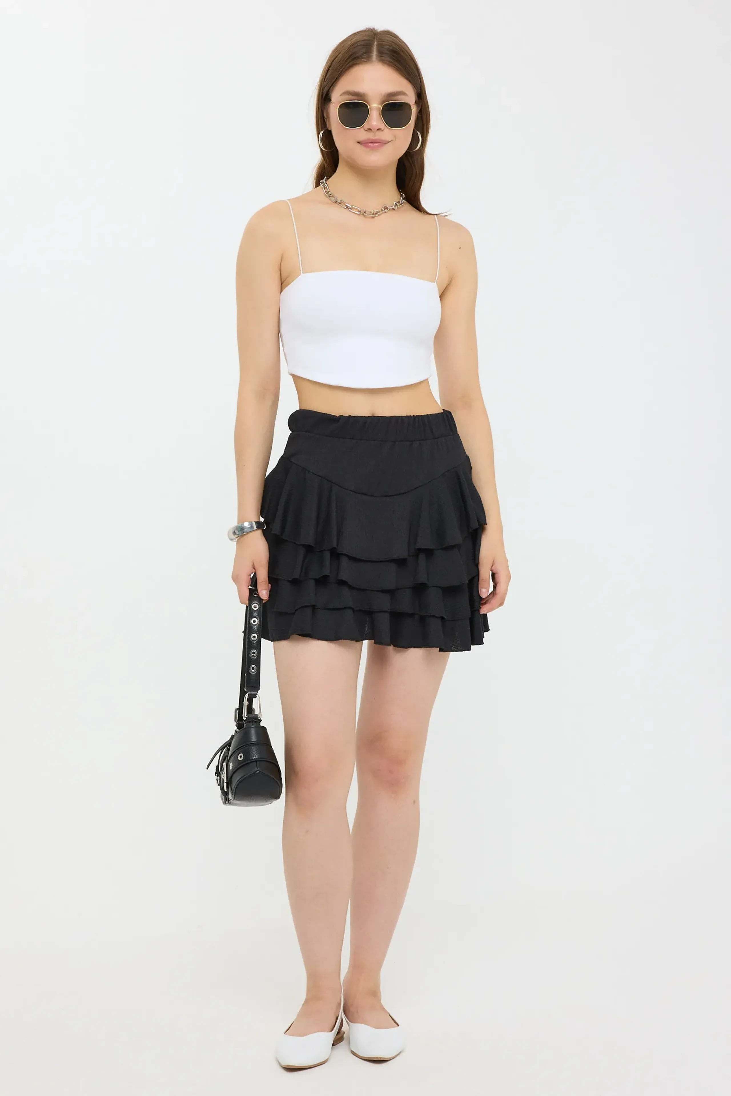Ruffled Skirt Short Black Elasticated Skirt HiCCUP Black Tiered