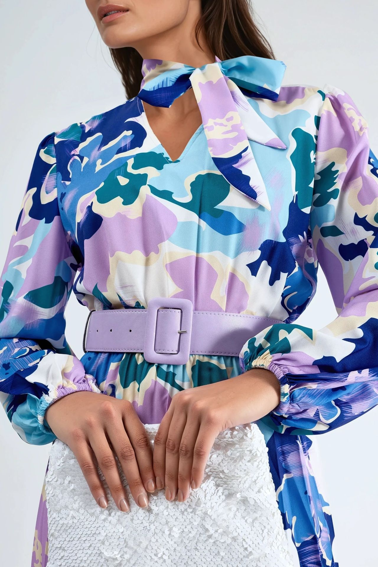 MSN Abstract Print Midi Dress with Choker Collar