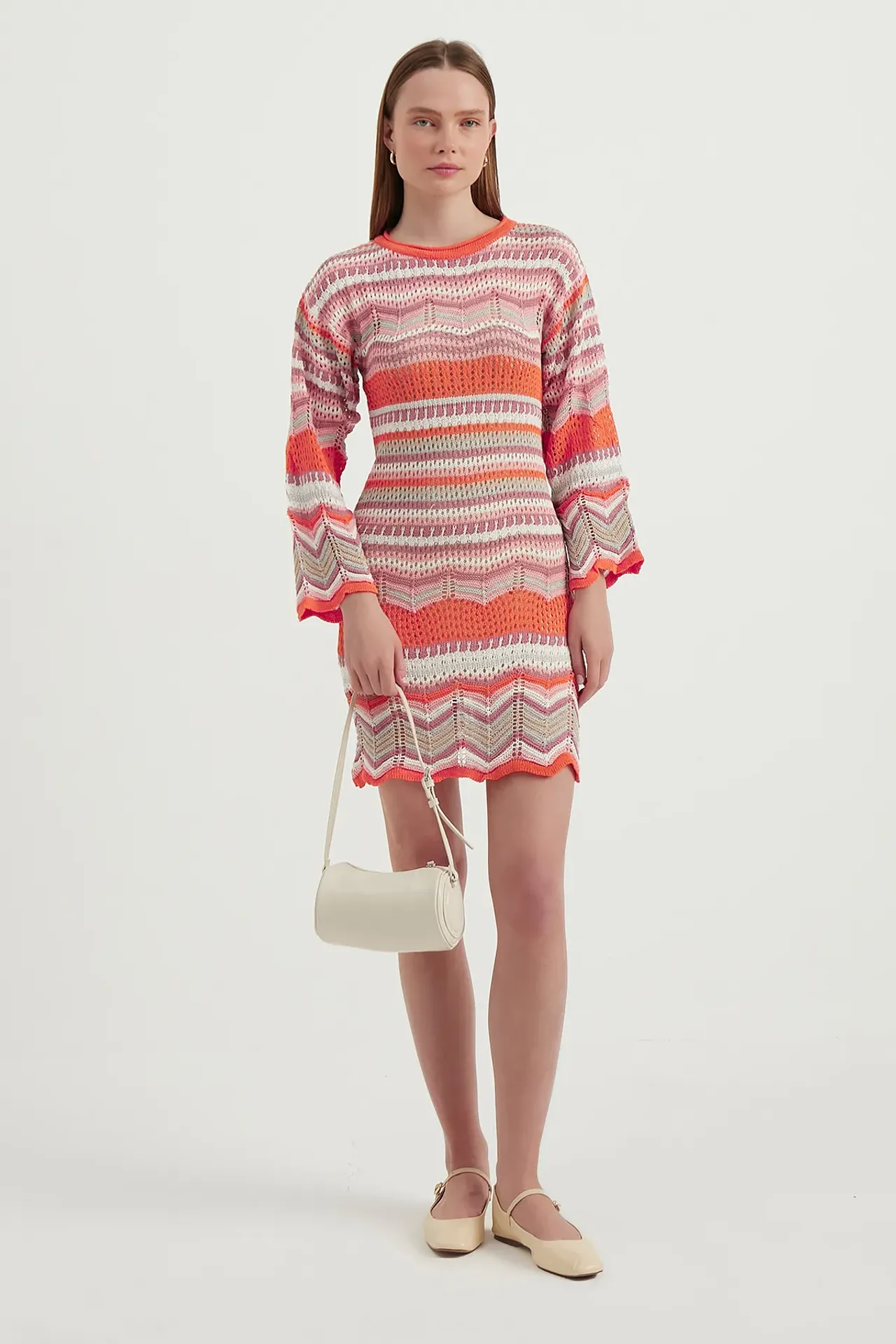 Geometric Crew Neck Crochet Bell Sleeves Mini Dress