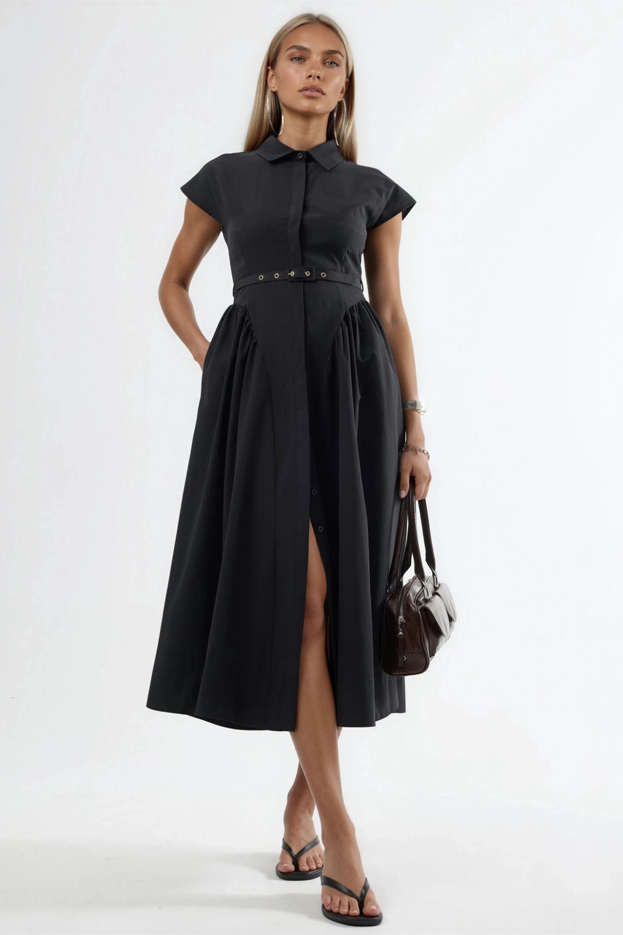BUSEM Belted Midi Dress with Shirt Collar 1
