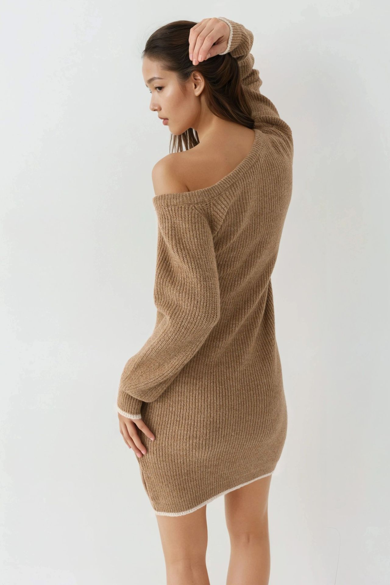 MY FASHION Asymmetrical Collar Ribbed Knit Dress 2