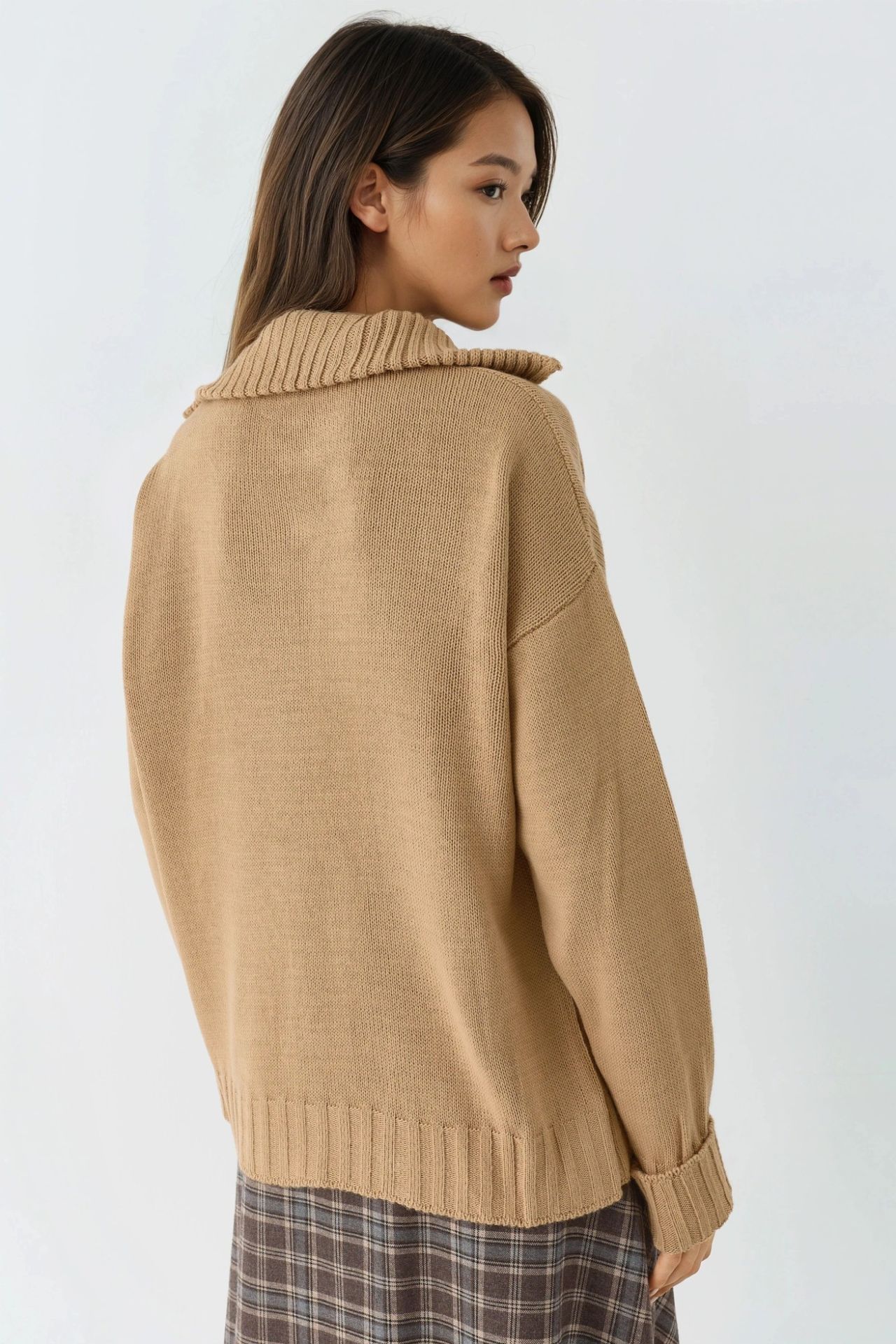 MY FASHION Oversized Ribbed Knit Sweater with Zipper Collar 3