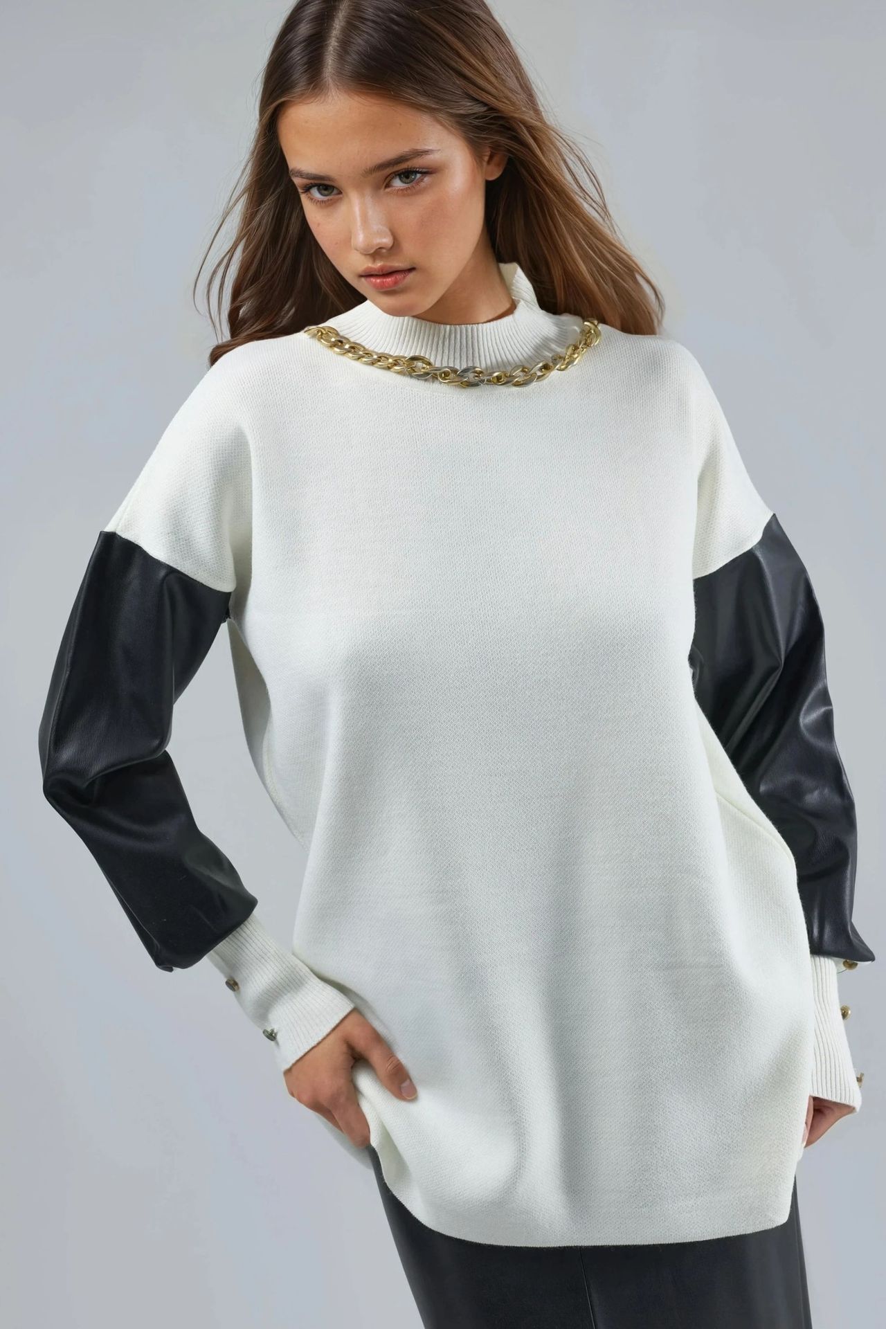MY FASHION Faux Leather Detailed Sweater 1