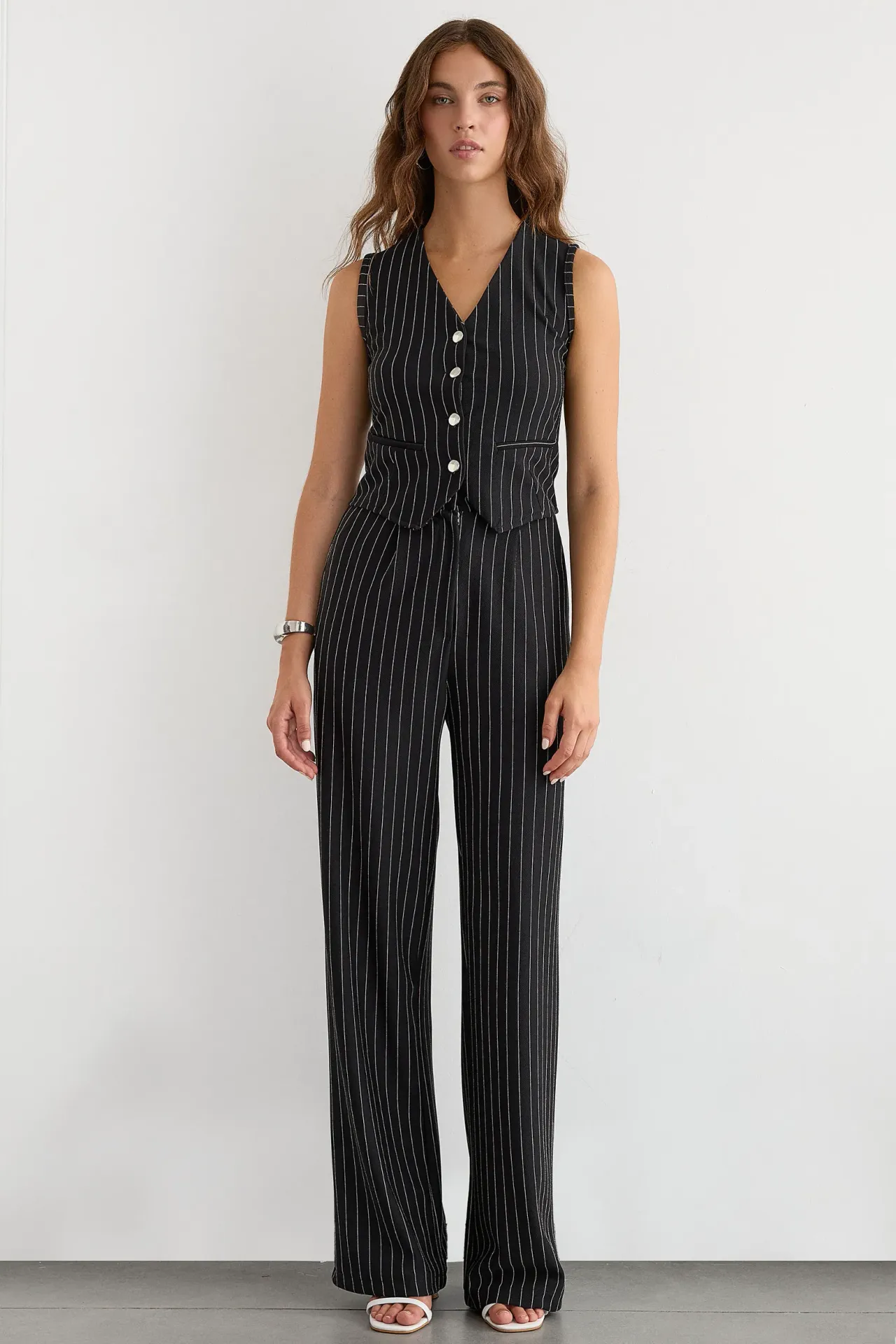 Button-Detail Striped High-Waist Two-Piece Coord Set