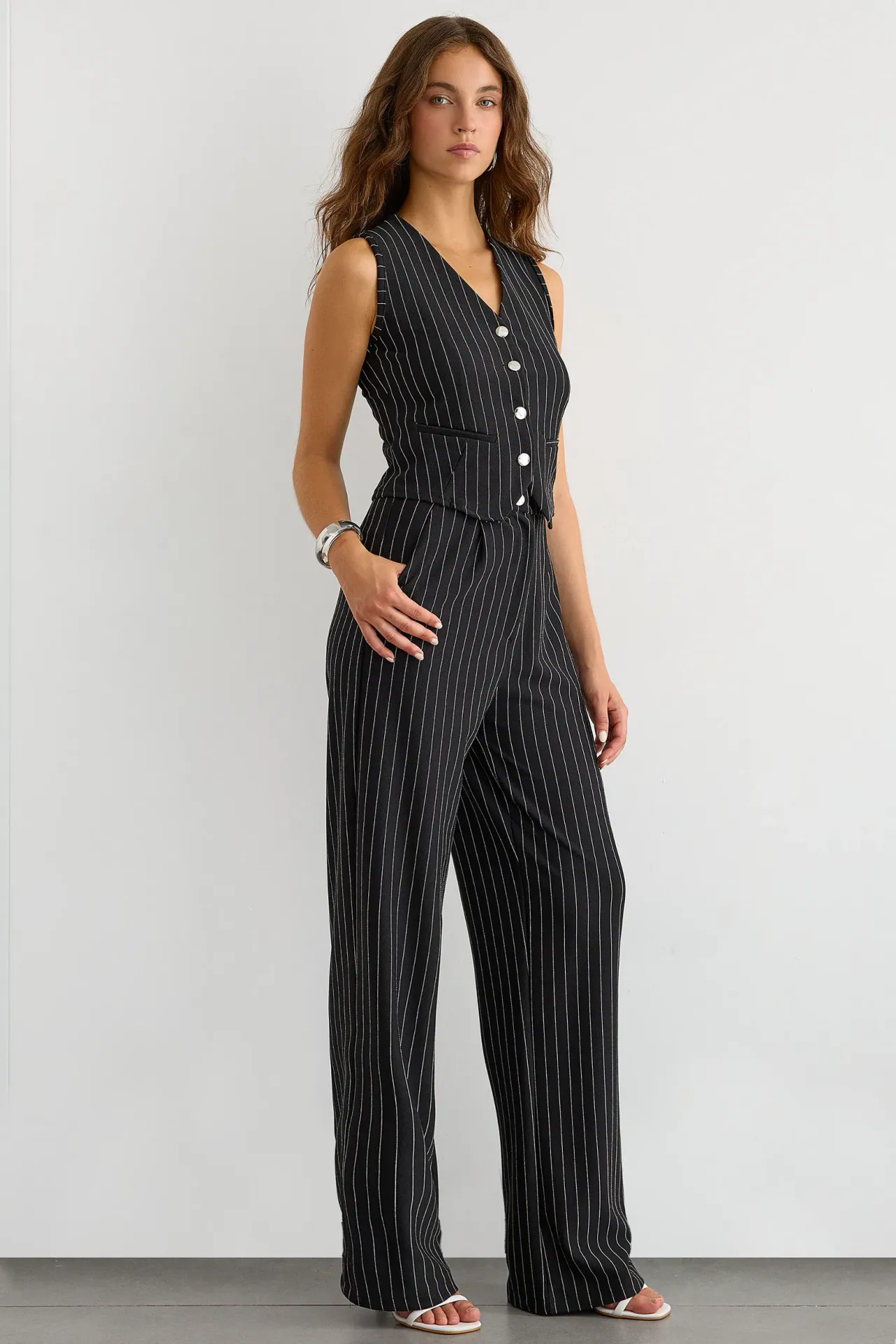 Button-Detail Striped High-Waist Two-Piece Coord Set