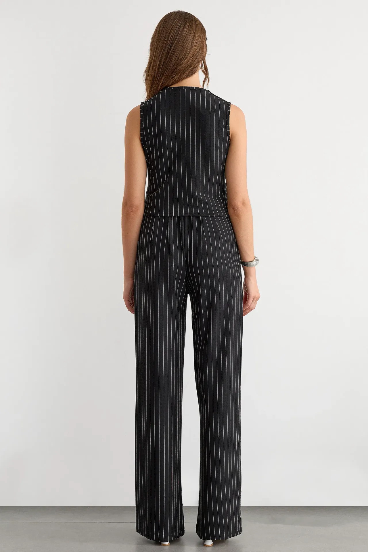 Button-Detail Striped High-Waist Two-Piece Coord Set