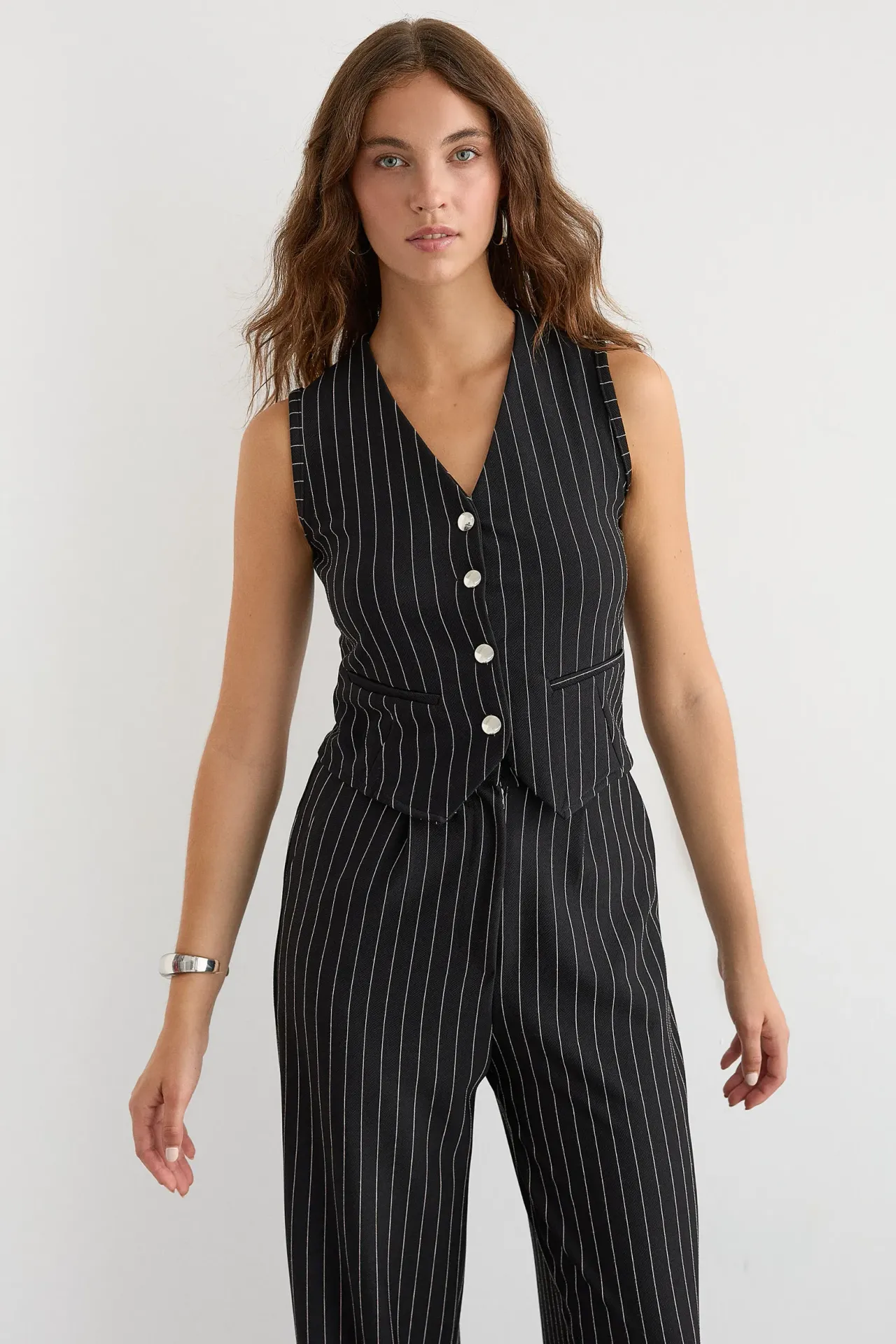 Button-Detail Striped High-Waist Two-Piece Coord Set