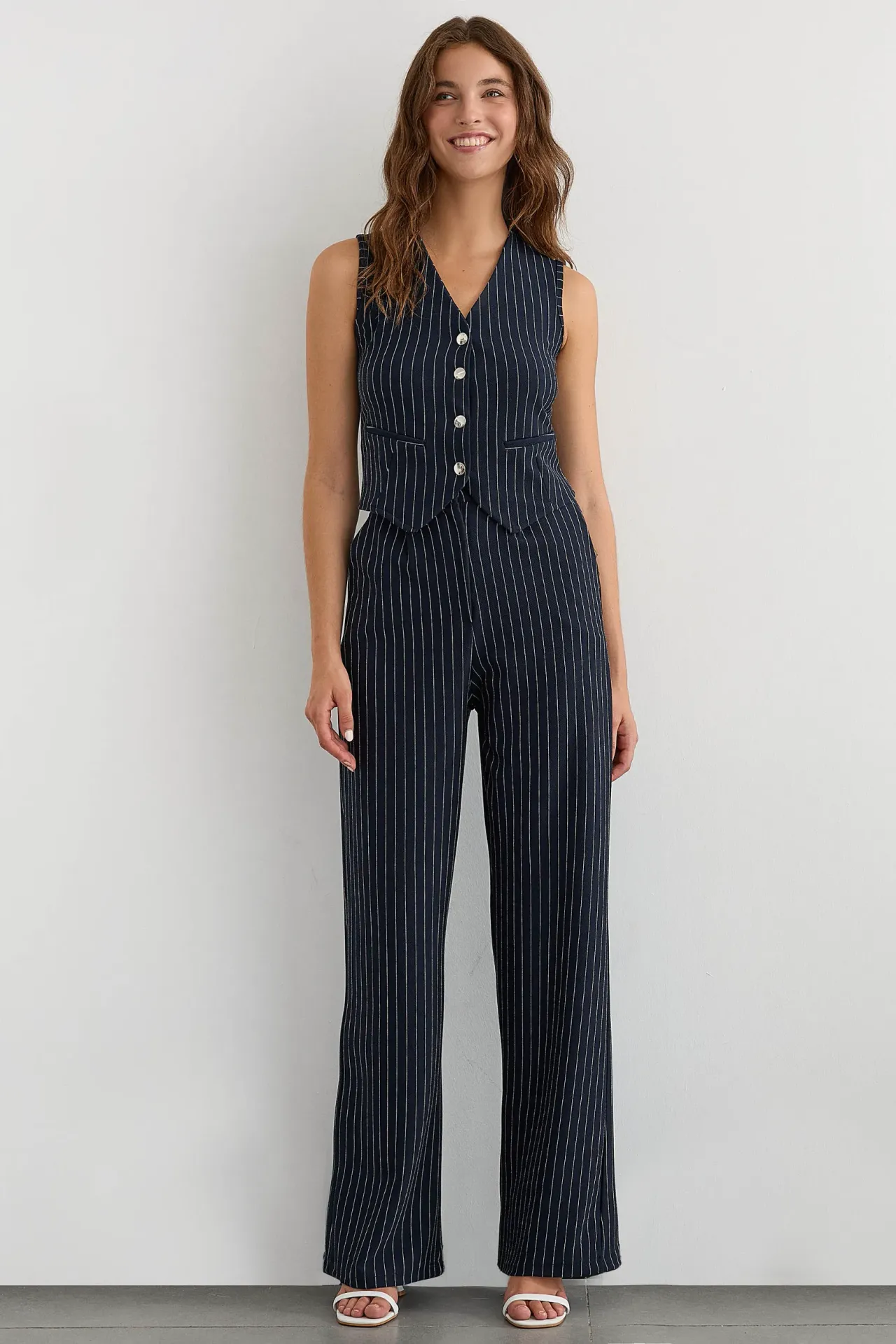 Button-Detail Striped High-Waist Two-Piece Coord Set