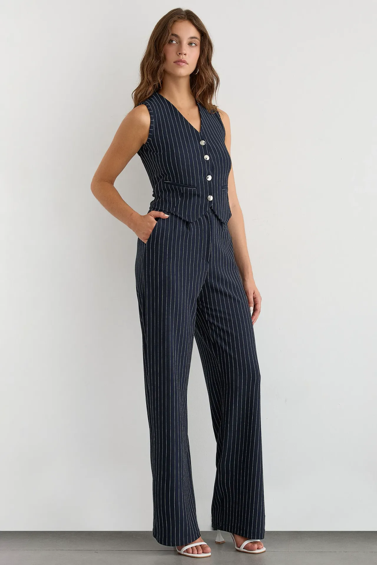 Button-Detail Striped High-Waist Two-Piece Coord Set
