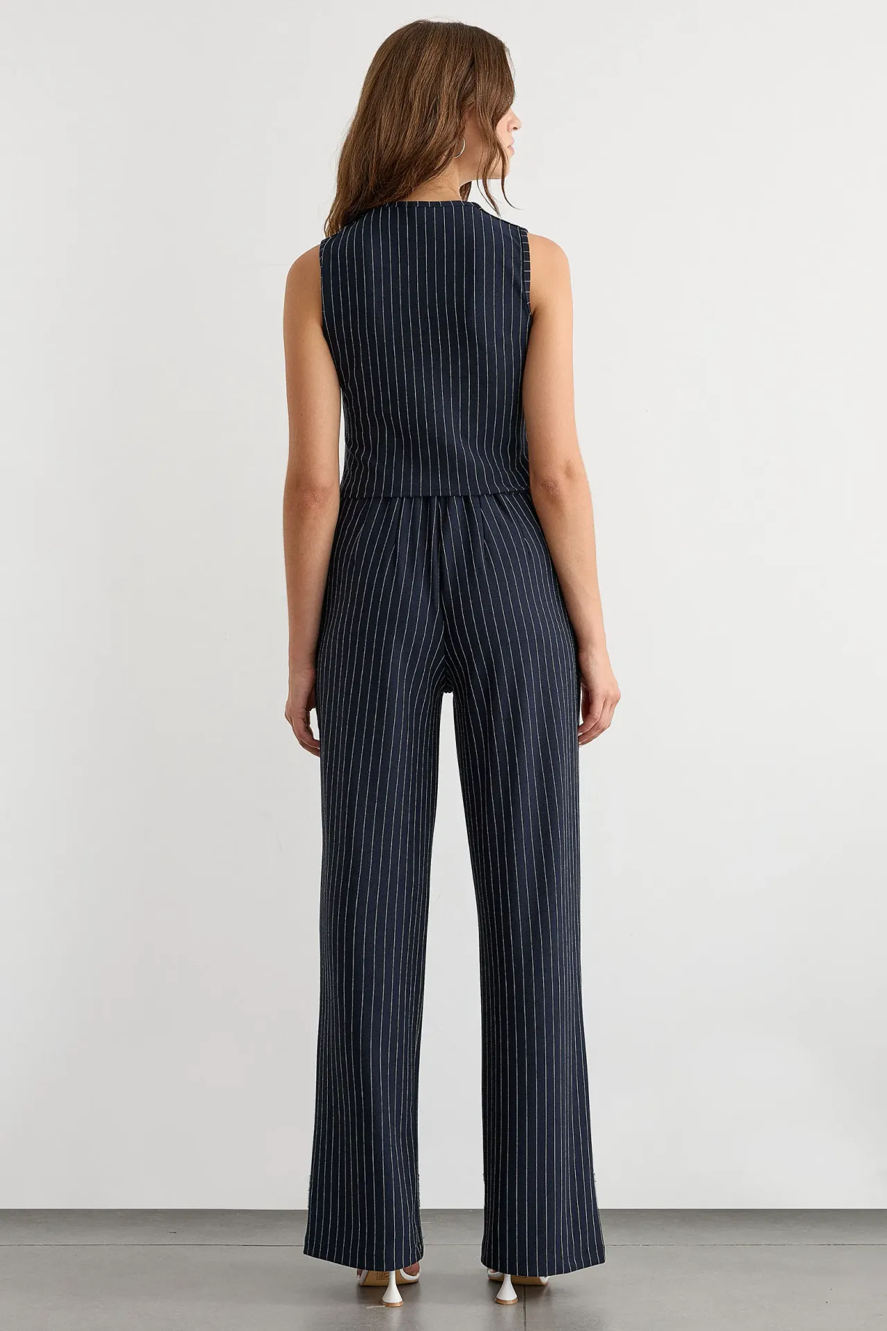 Button-Detail Striped High-Waist Two-Piece Coord Set