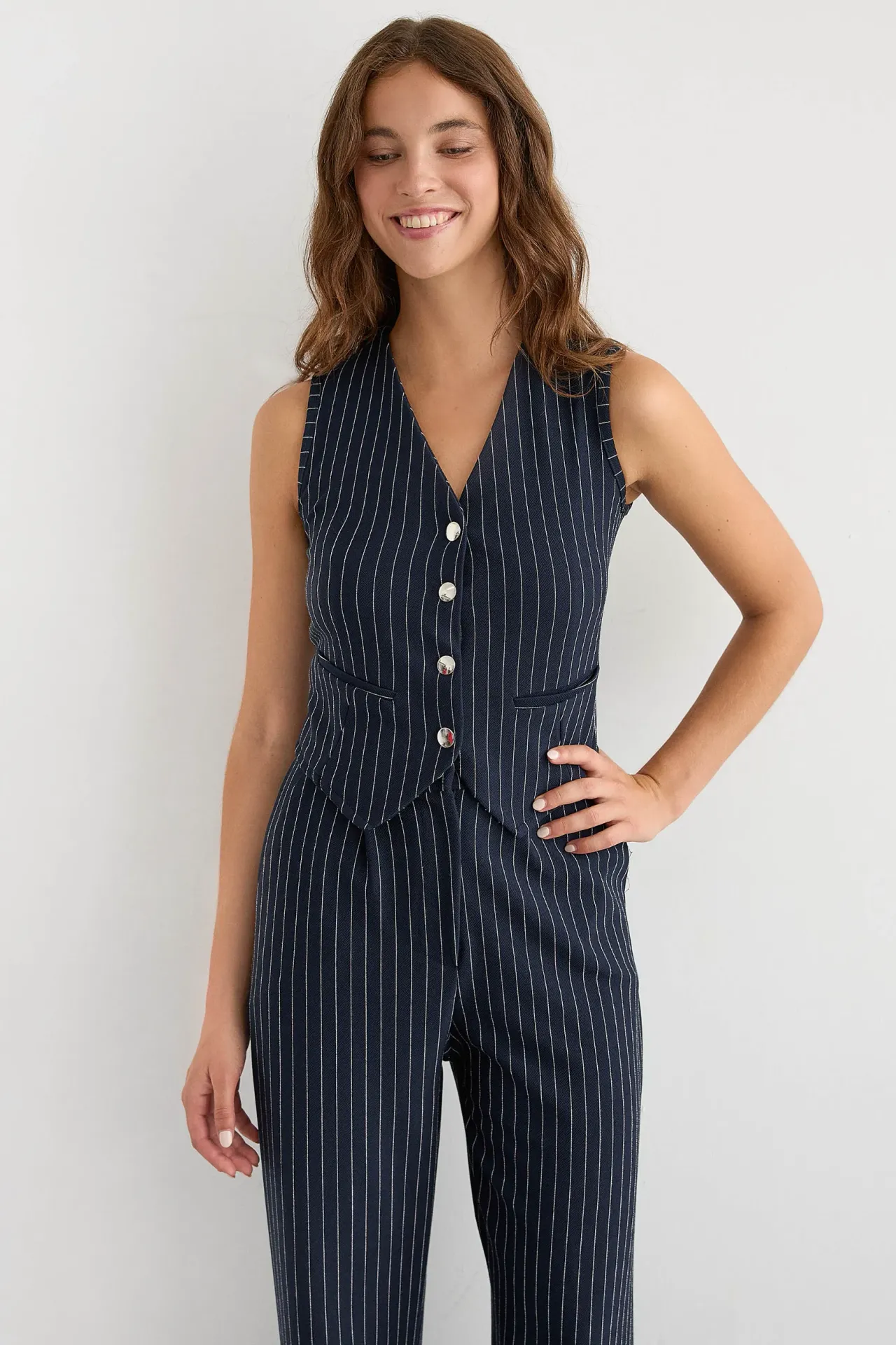 Button-Detail Striped High-Waist Two-Piece Coord Set