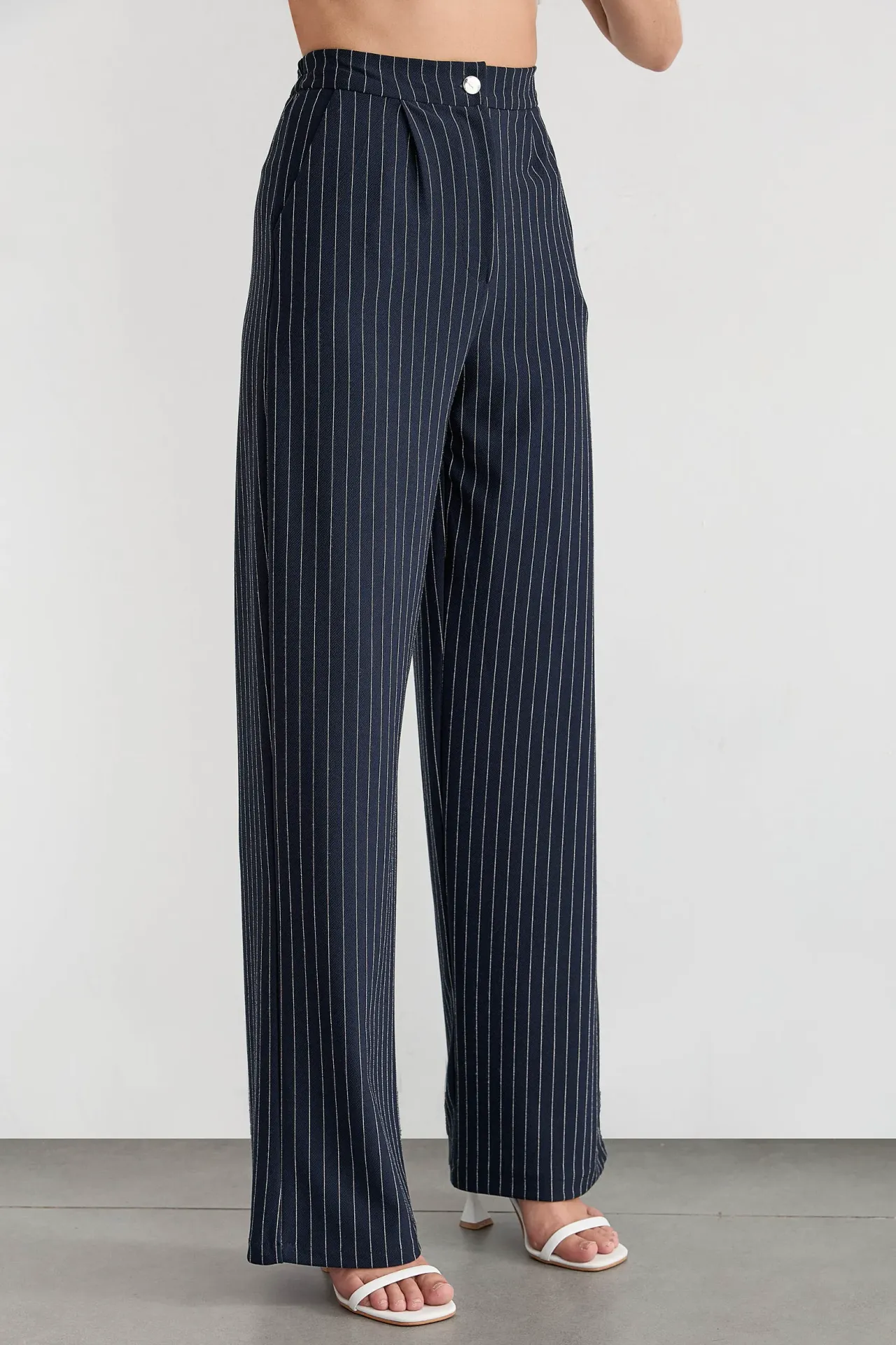 Button-Detail Striped High-Waist Two-Piece Coord Set