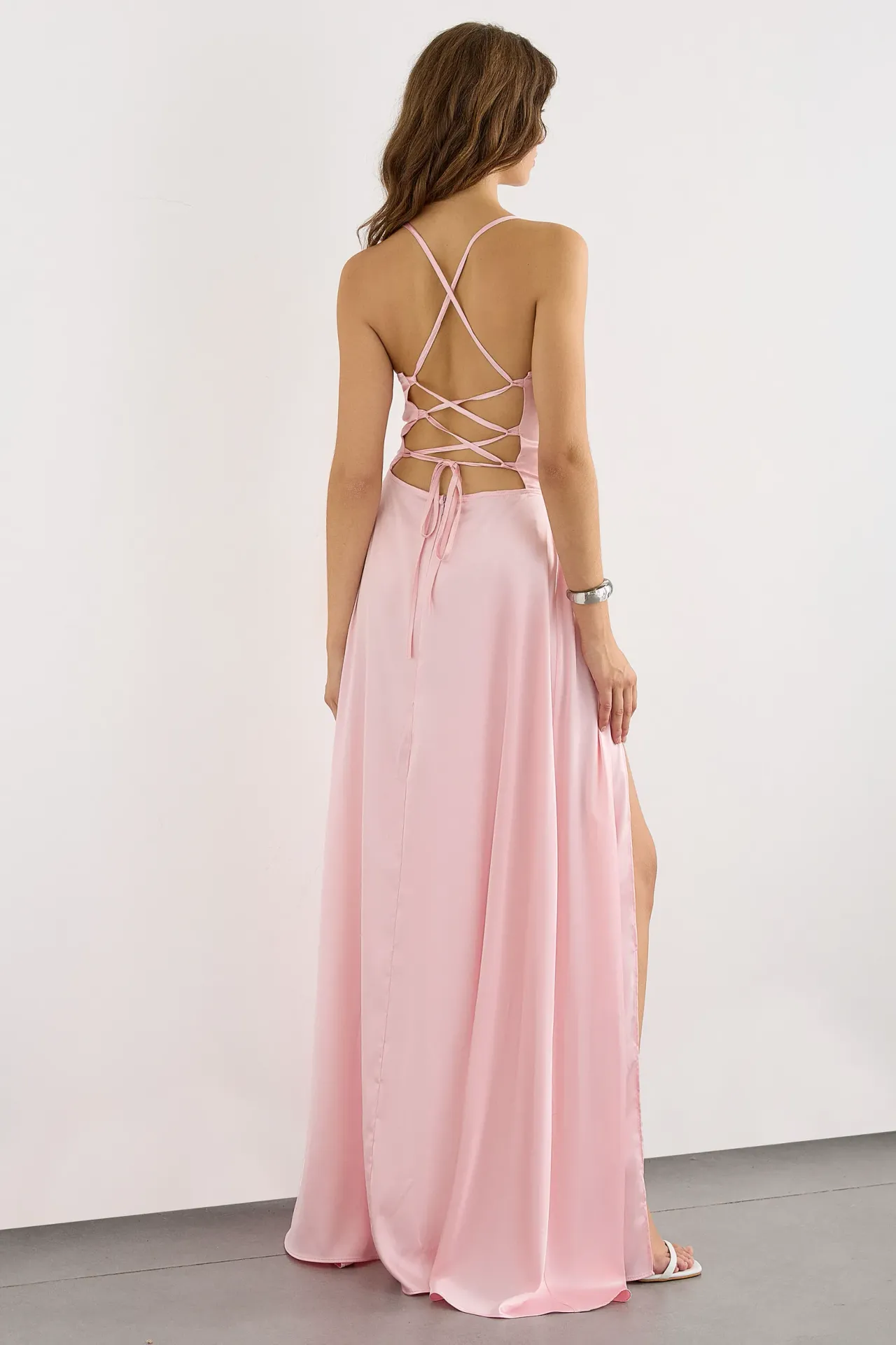 Satin Maxi Dress with Open Back and Slit