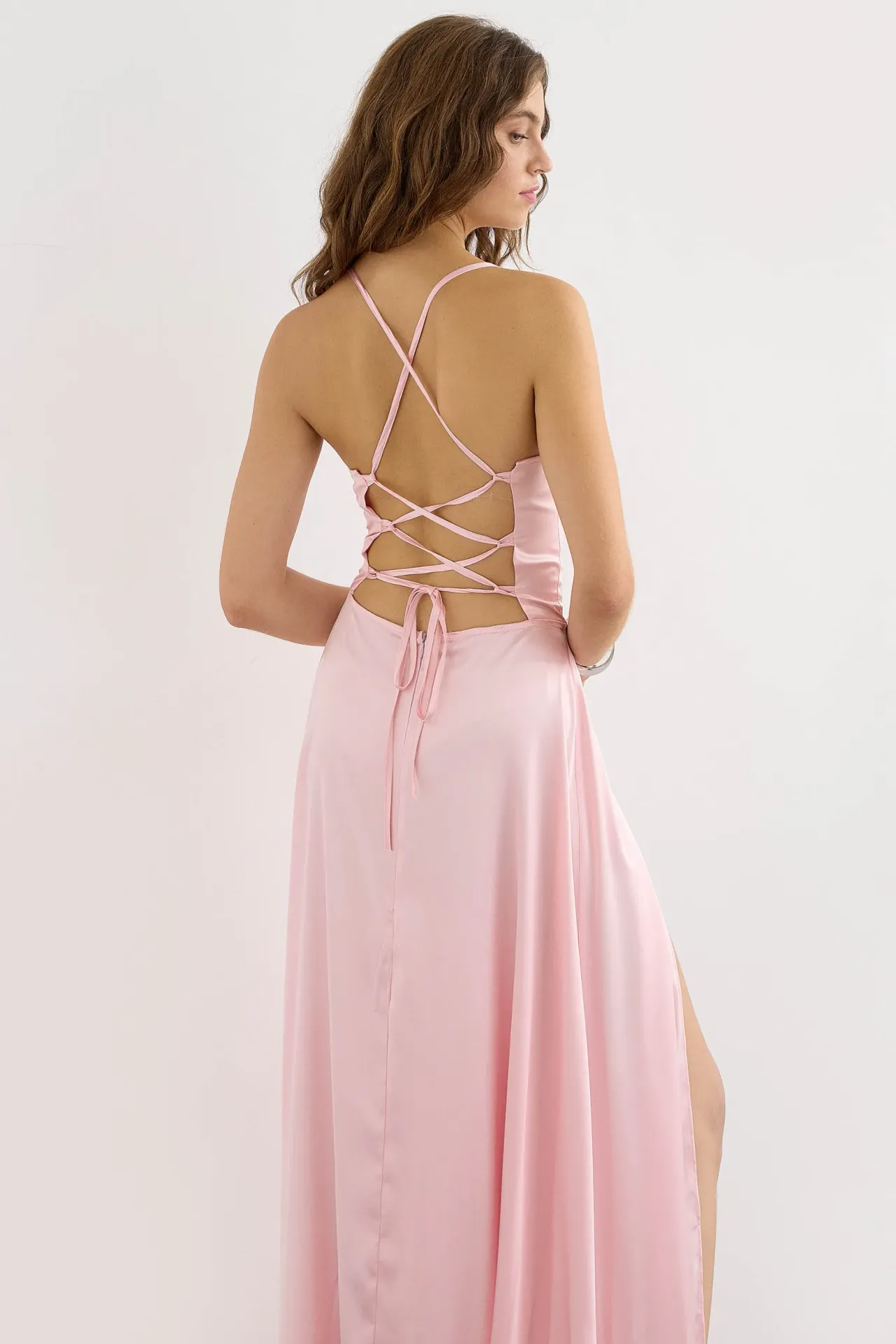 Satin Maxi Dress with Open Back and Slit