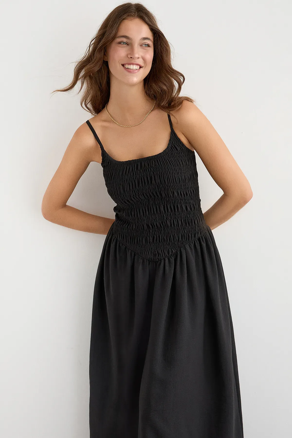 Sleeveless Smocked Midi Dress with Strap Detail 1