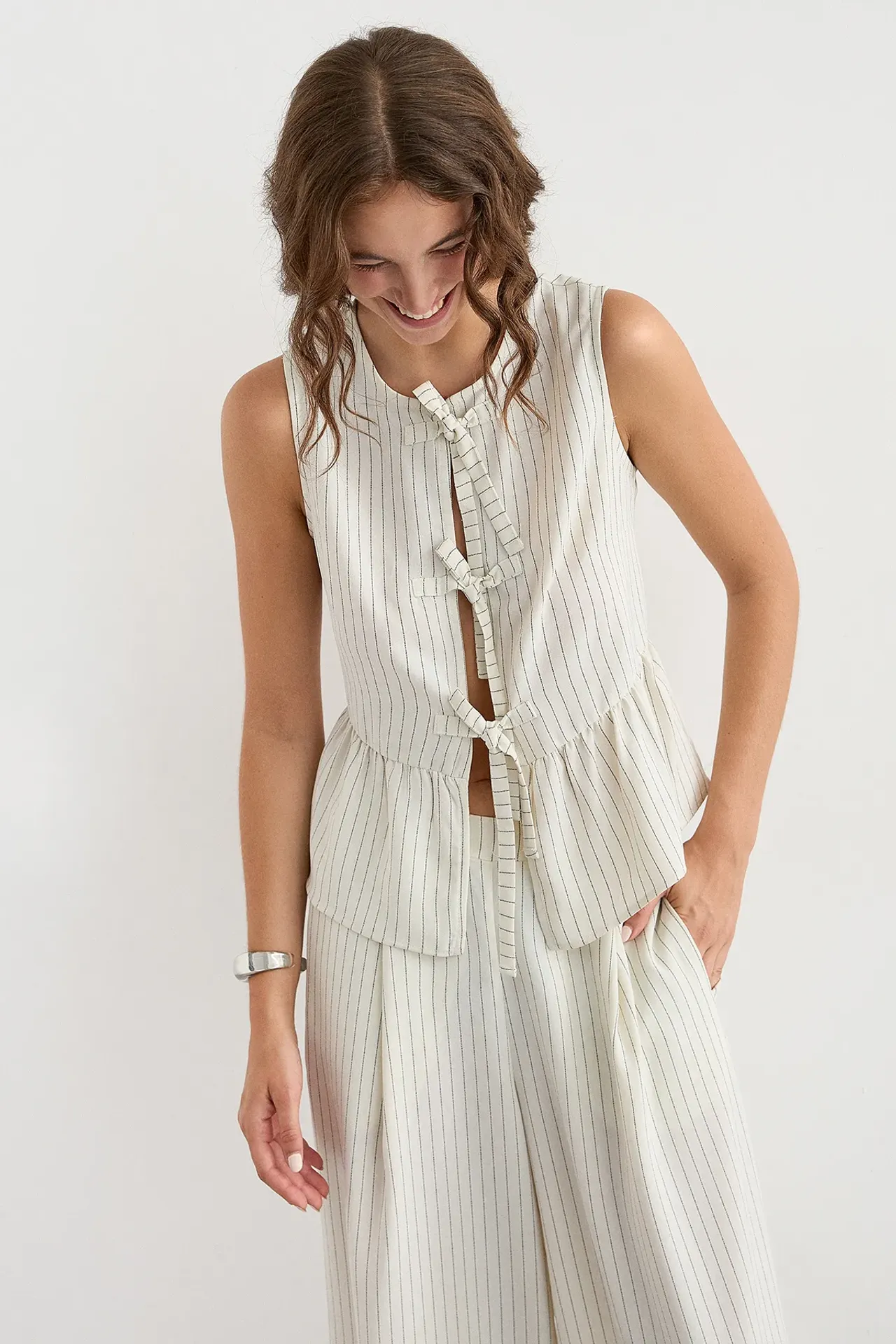 Striped Sleeveless Blouse with Lace-Up Detail