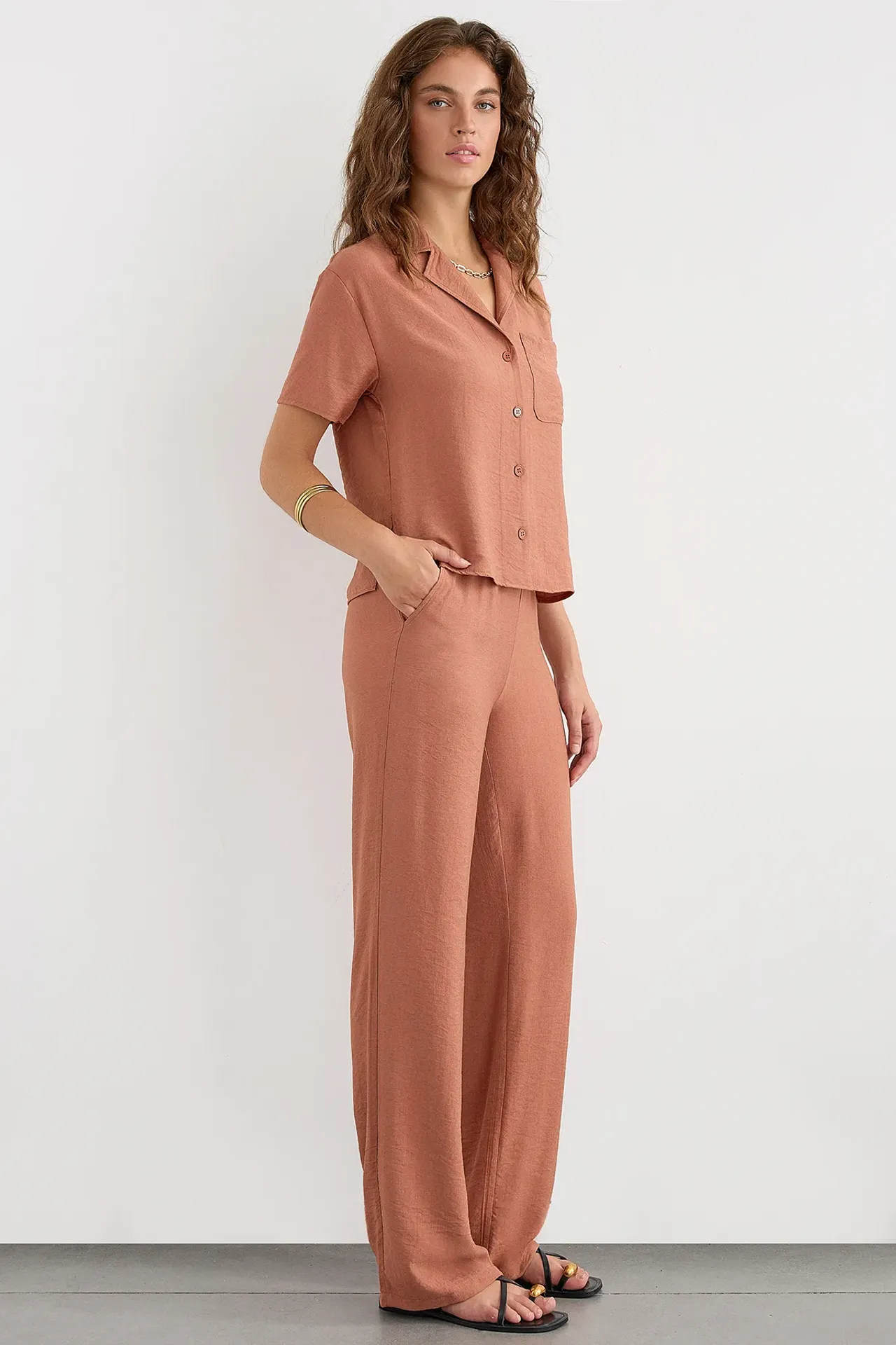 Short Sleeve Buttoned Coords Set with Shirt Collar