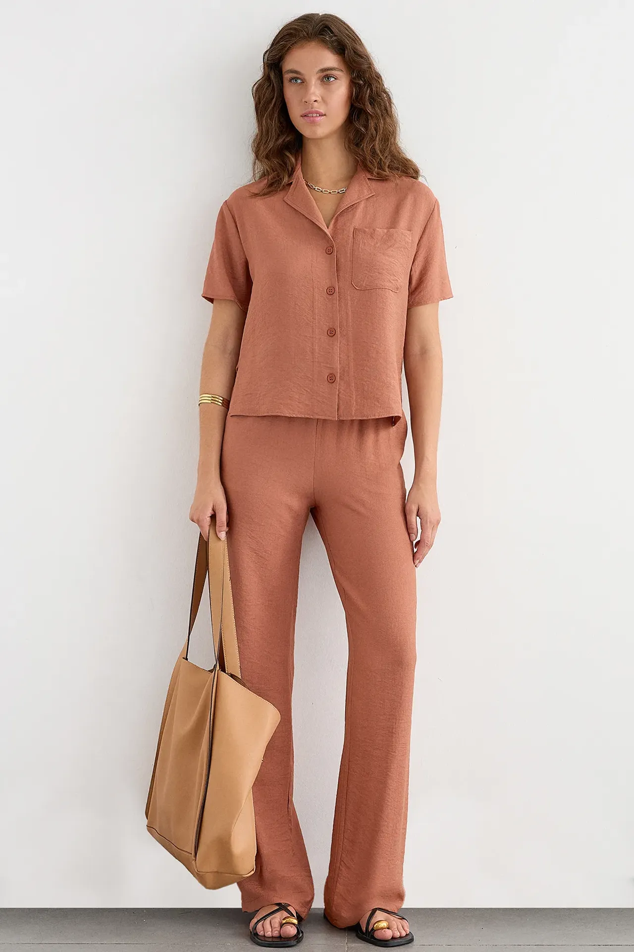 Short Sleeve Buttoned Coords Set with Shirt Collar
