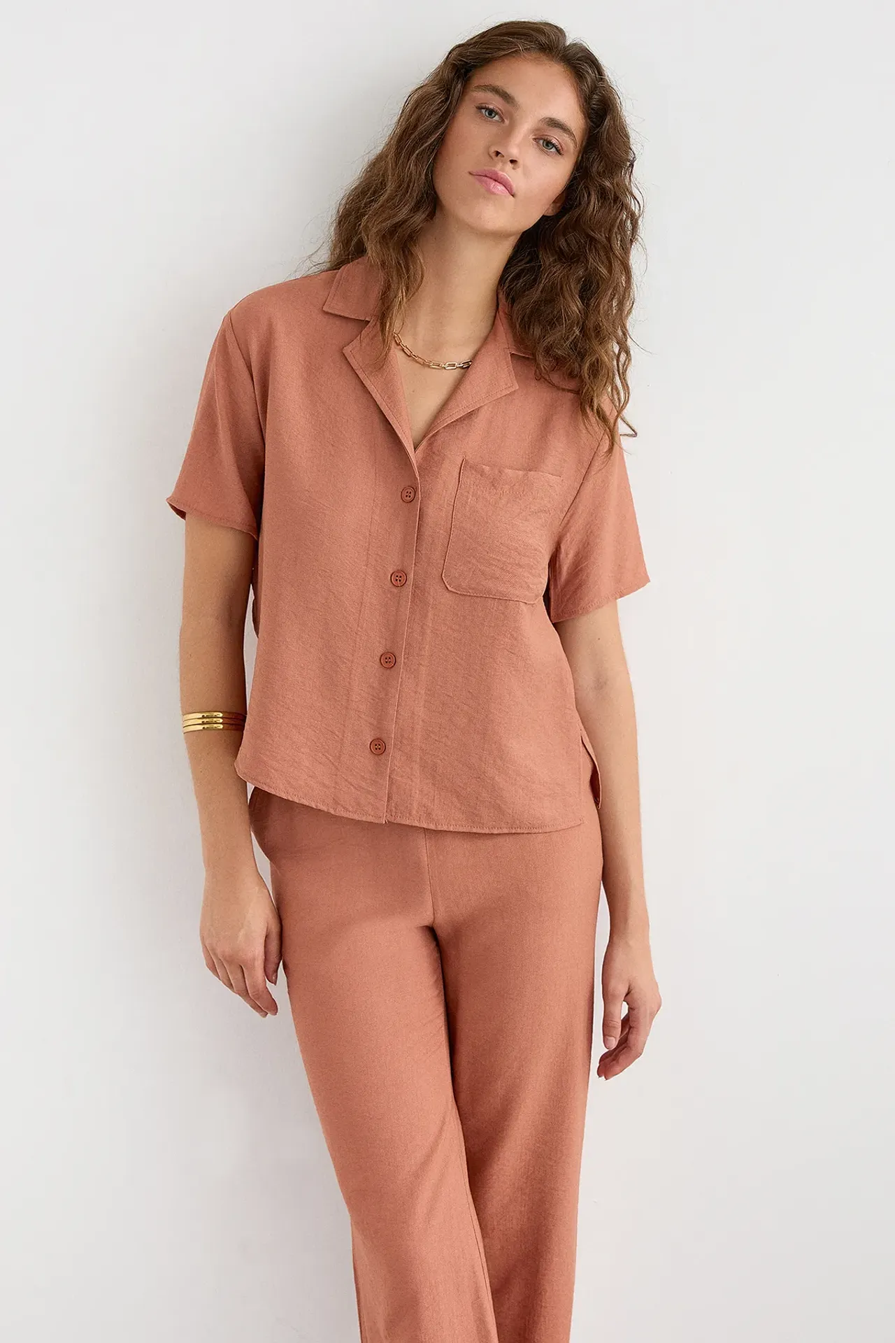 Short Sleeve Buttoned Coords Set with Shirt Collar