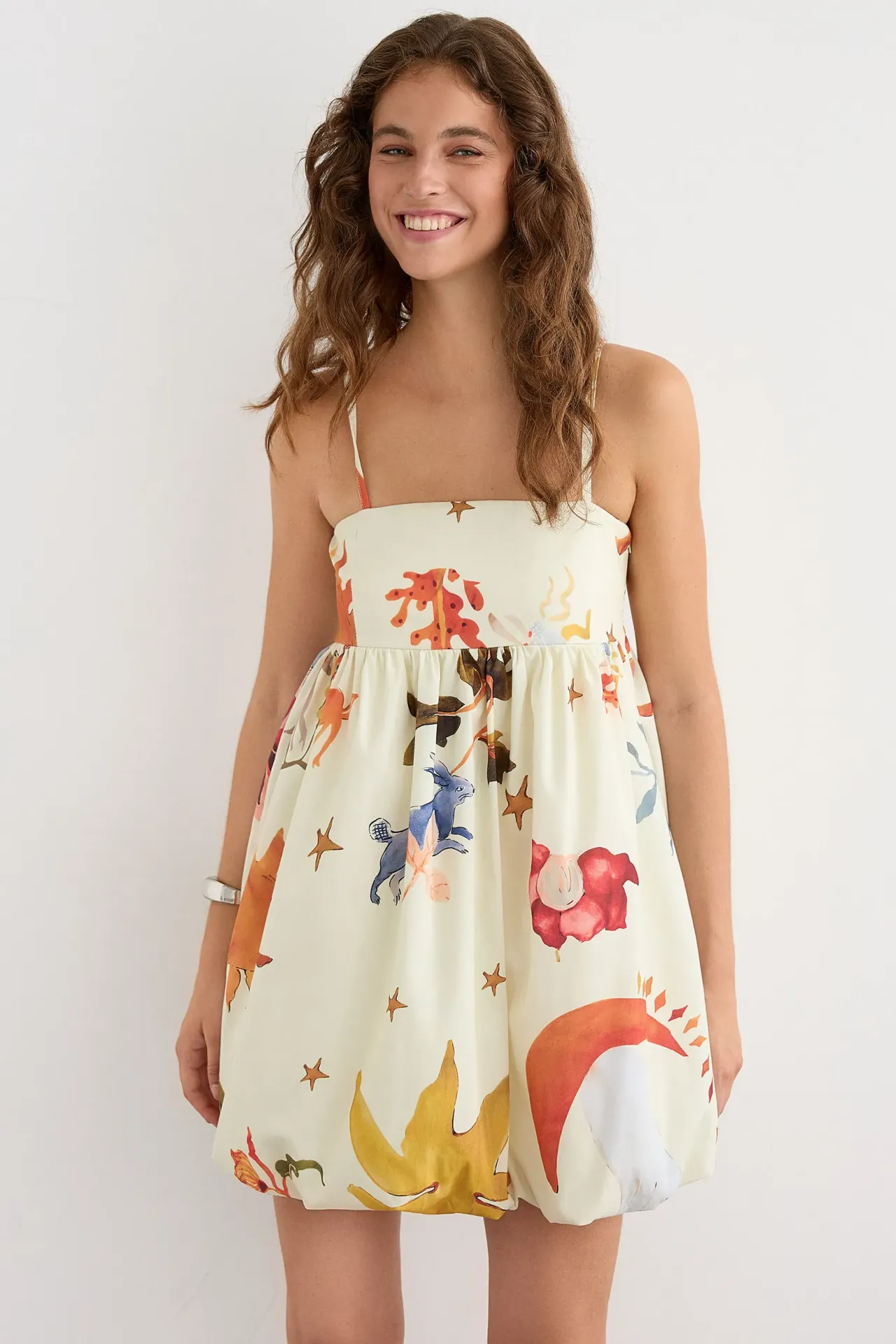 Printed Spaghetti Strap Balloon Mini Dress