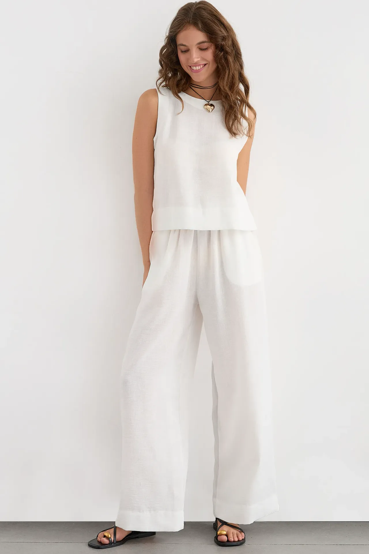 2 Pieces: Round Neck Linen Sleeveless Blouse & High Waist Wide Leg Trousers