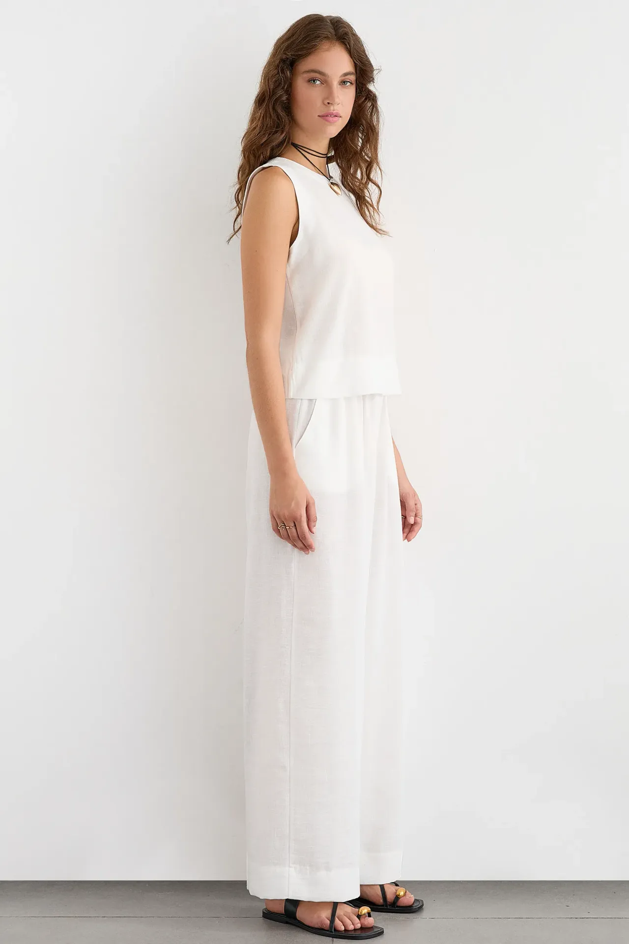 2 Pieces: Round Neck Linen Sleeveless Blouse & High Waist Wide Leg Trousers