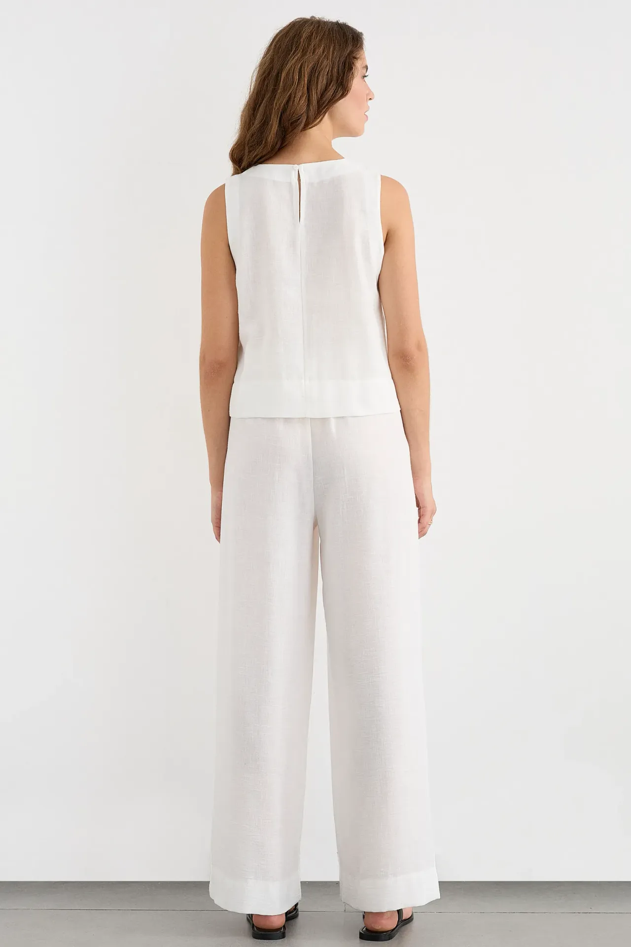 2 Pieces: Round Neck Linen Sleeveless Blouse & High Waist Wide Leg Trousers