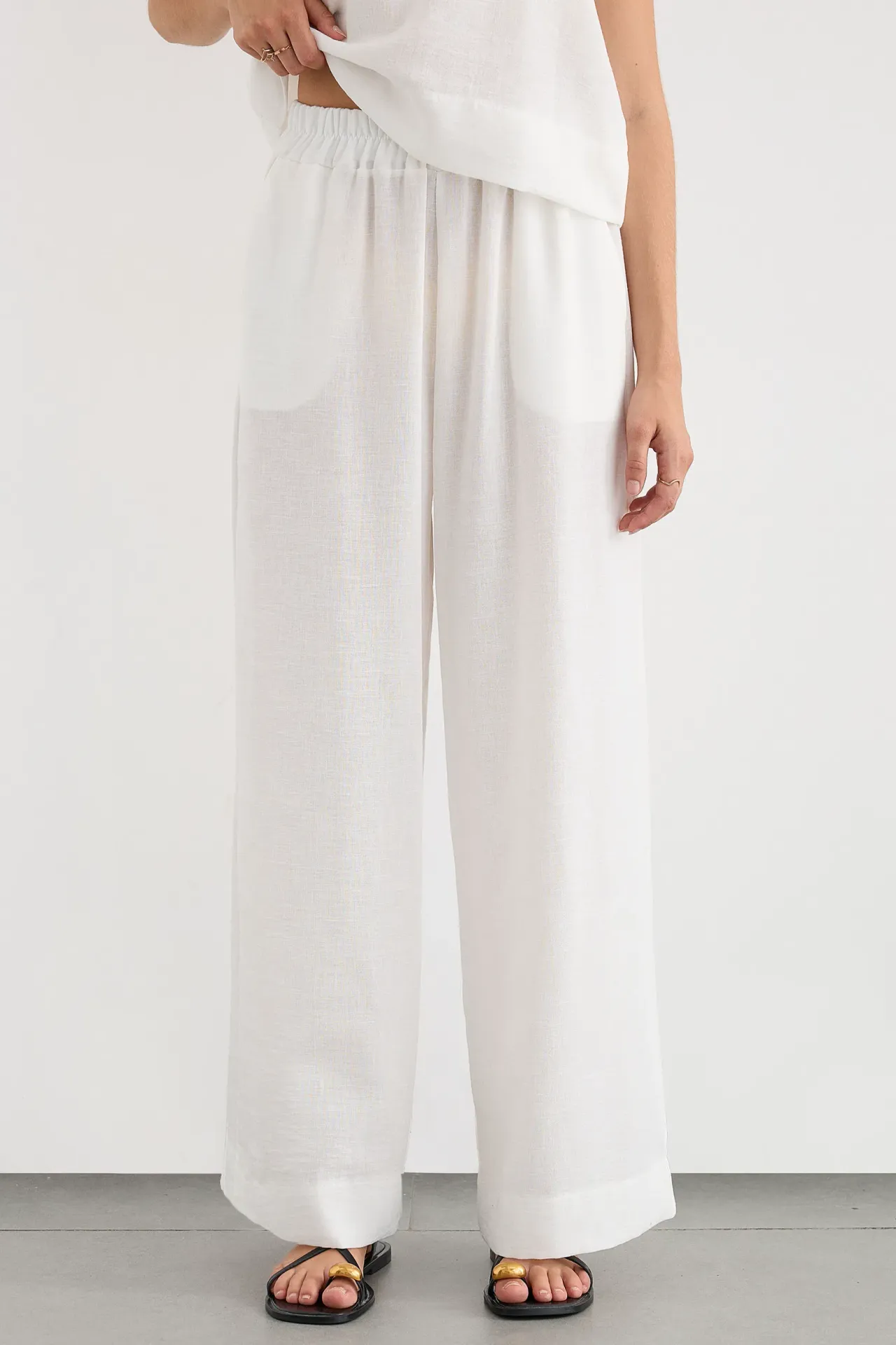 2 Pieces: Round Neck Linen Sleeveless Blouse & High Waist Wide Leg Trousers