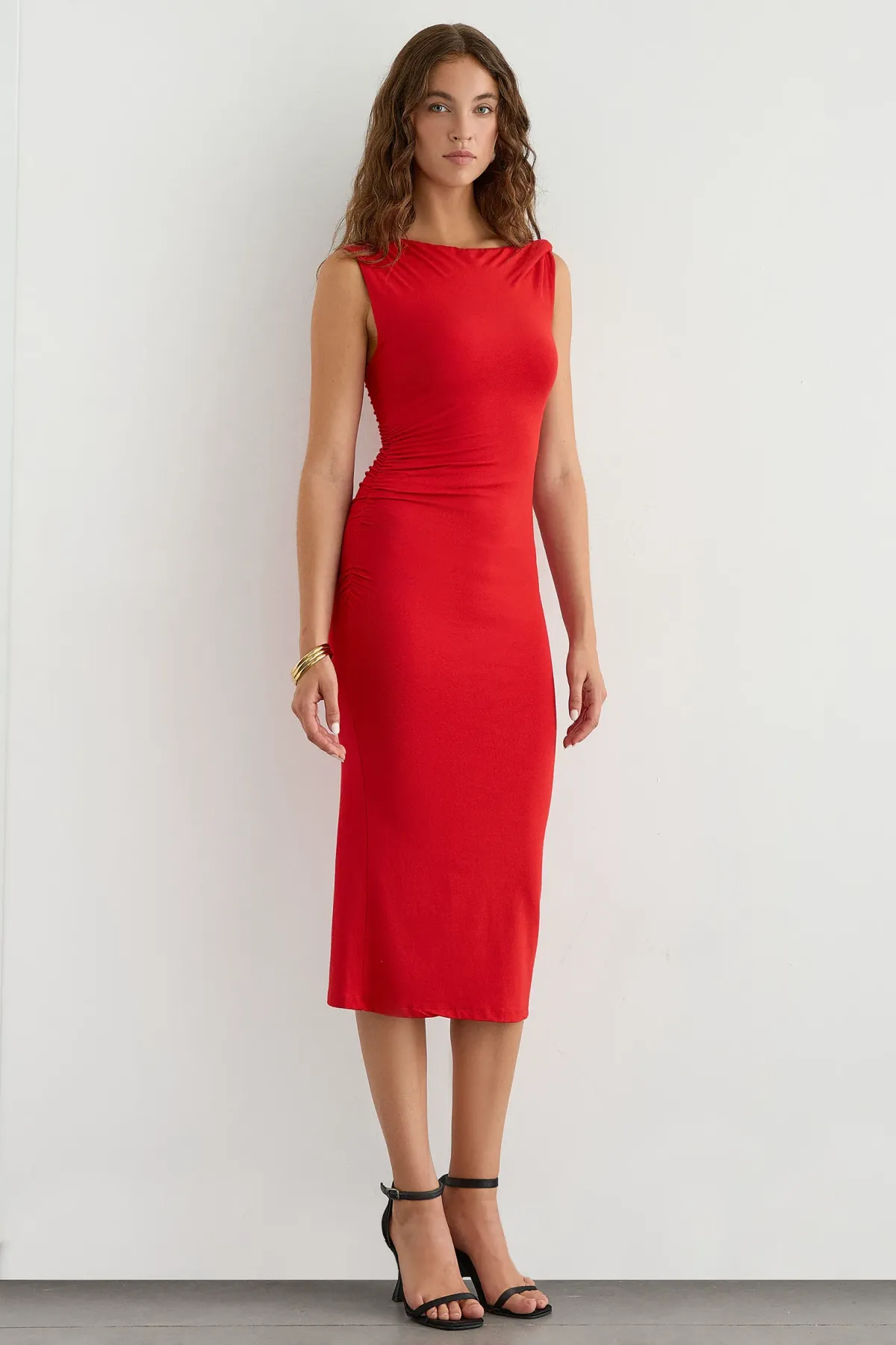 Draped Midi Dress with Shoulder Detail 3