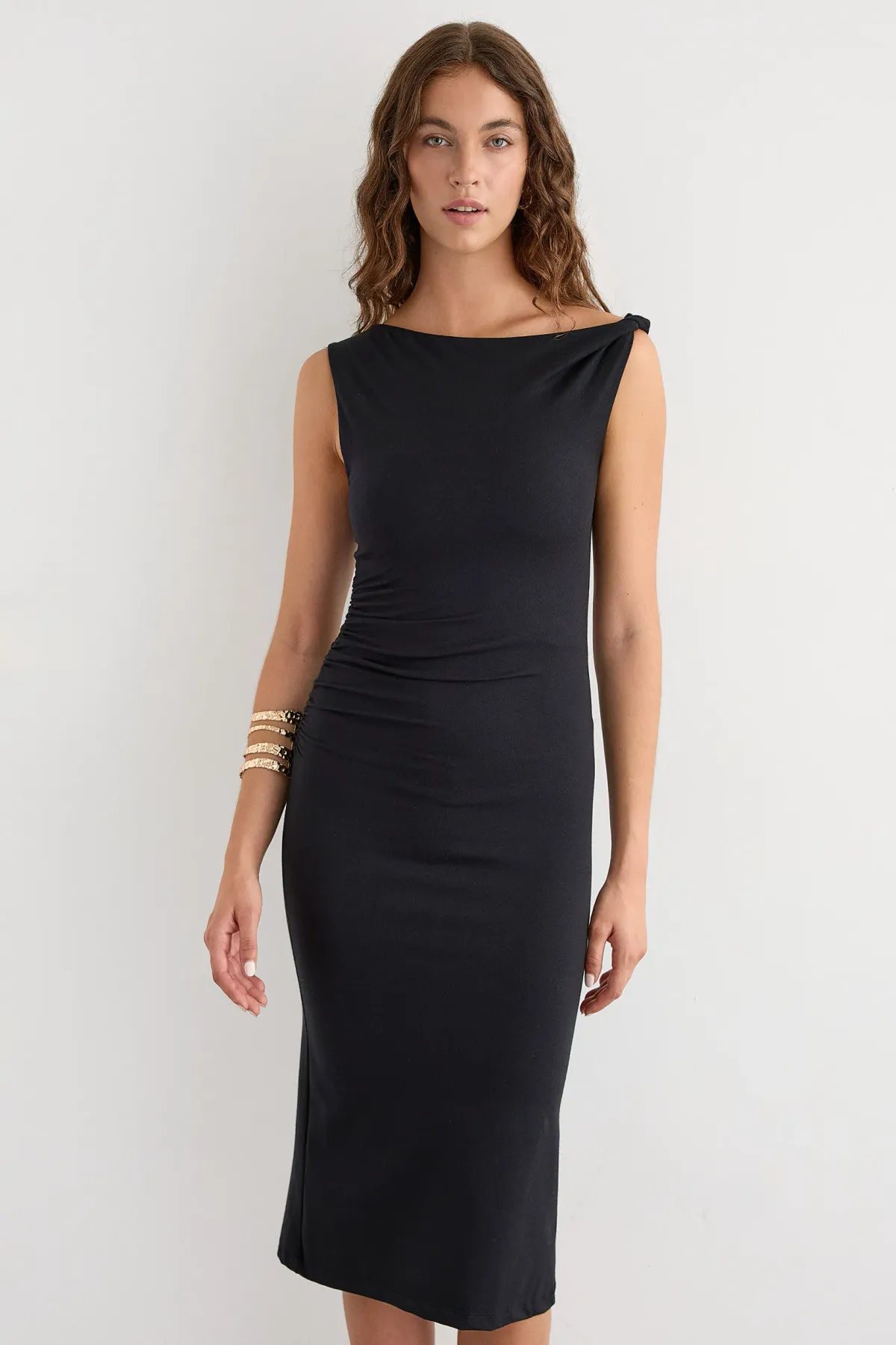 Draped Midi Dress with Shoulder Detail 2